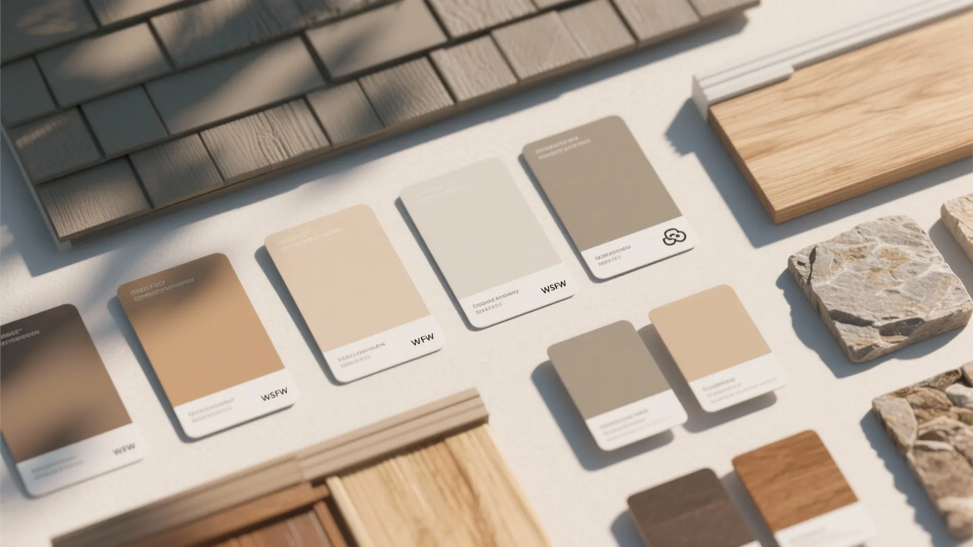 Selection of neutral color swatches placed with wood flooring samples and grey roof tile materials