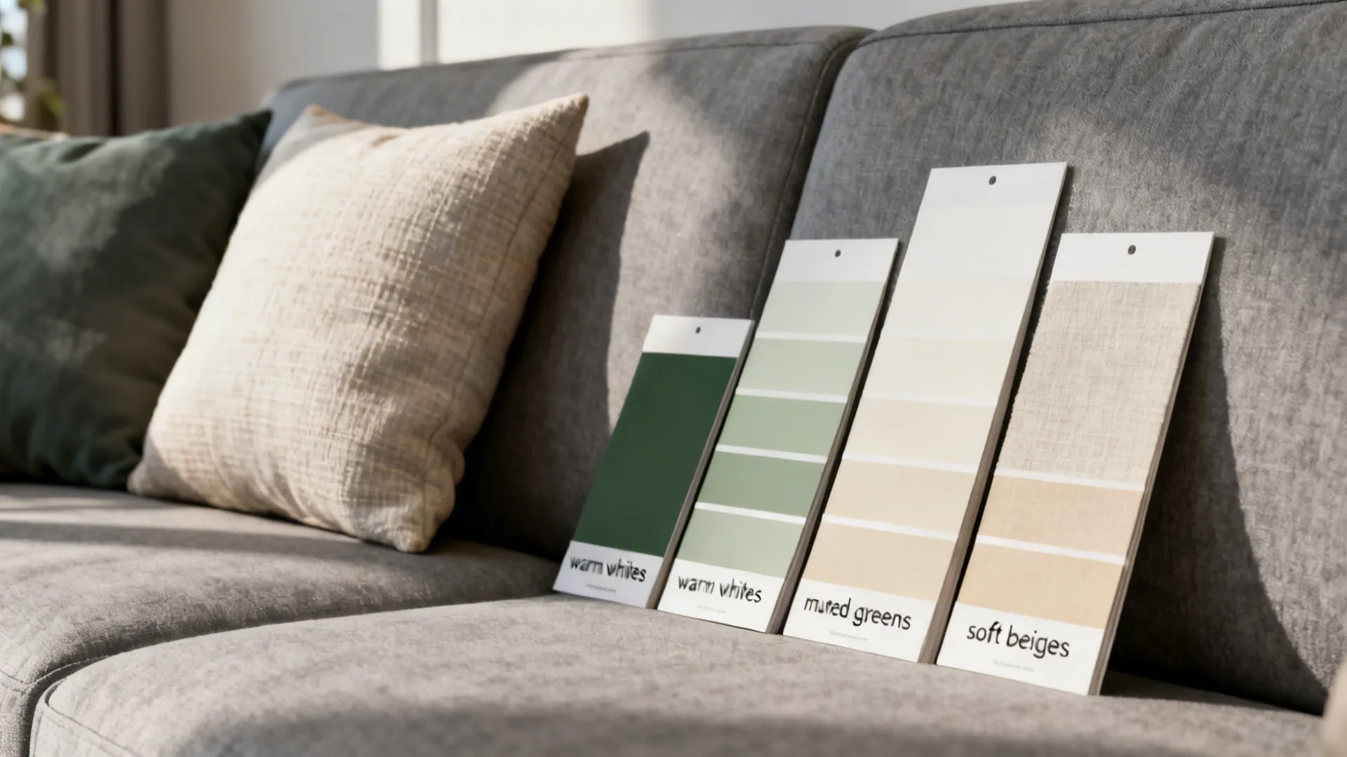Four color sample cards with green white and beige tones resting on a grey fabric sofa