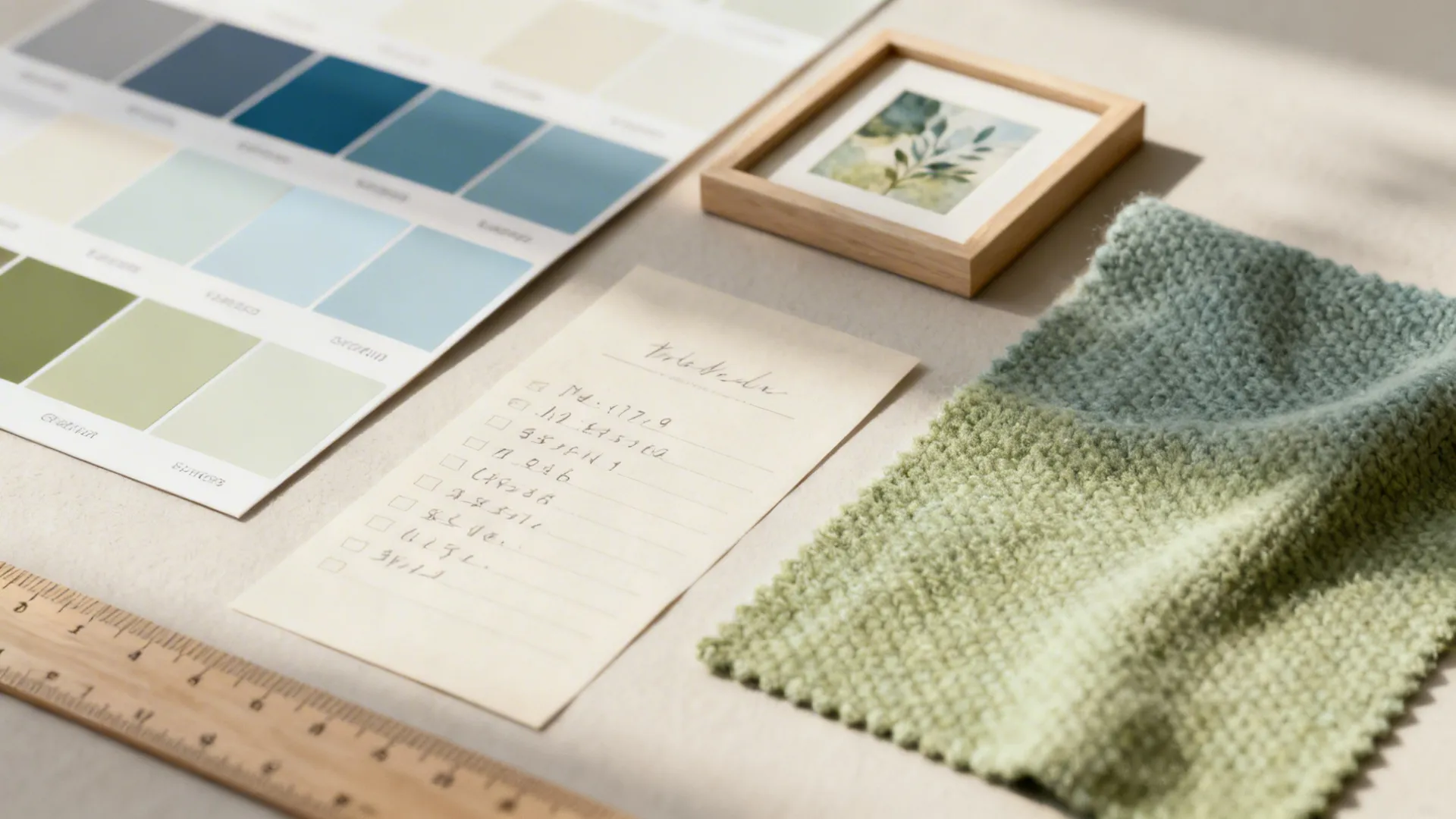 Interior design color palette paper with green fabric and small framed art on a table