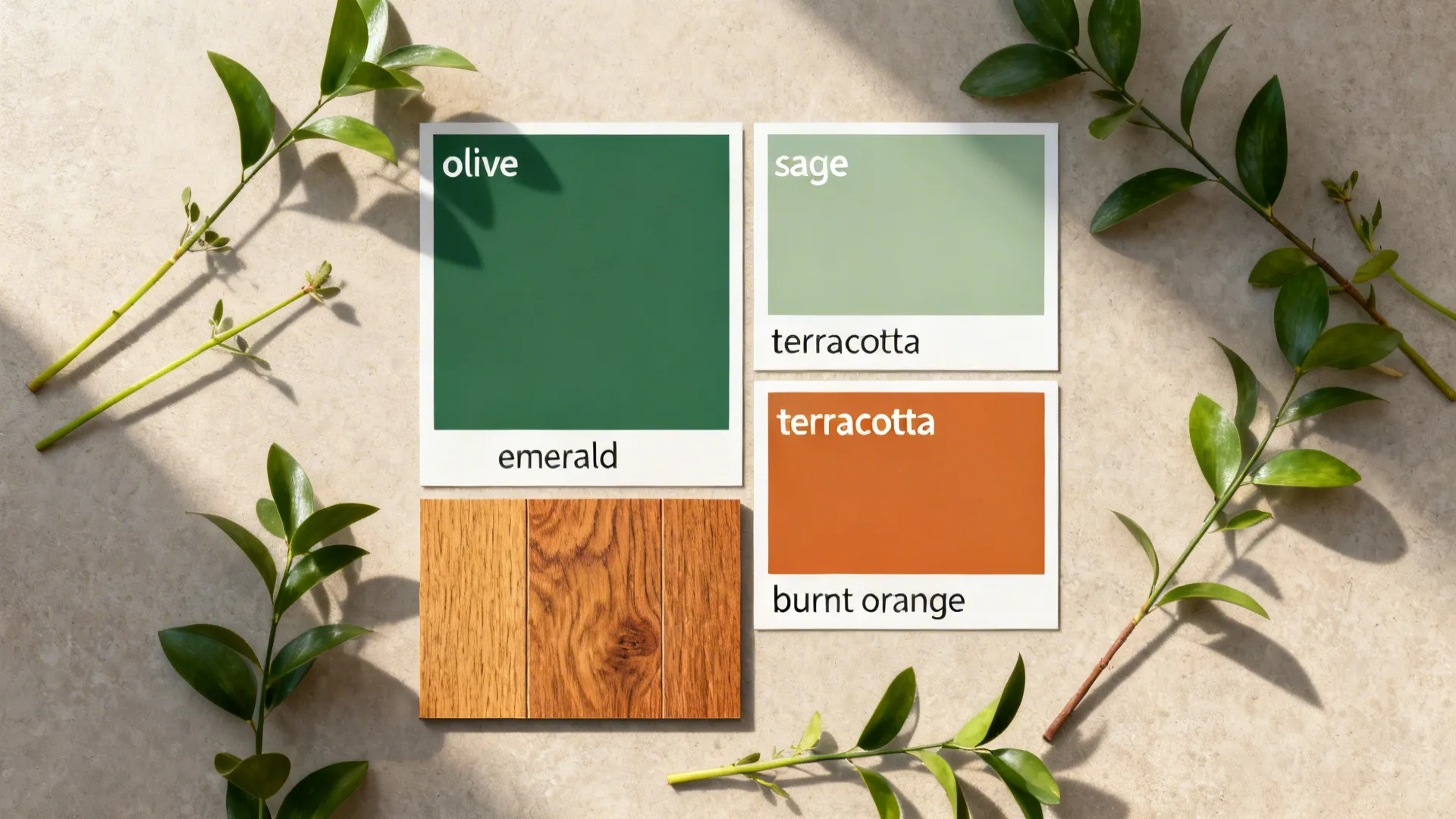 Interior design color palette with green and orange swatches wood floor sample and fresh plants