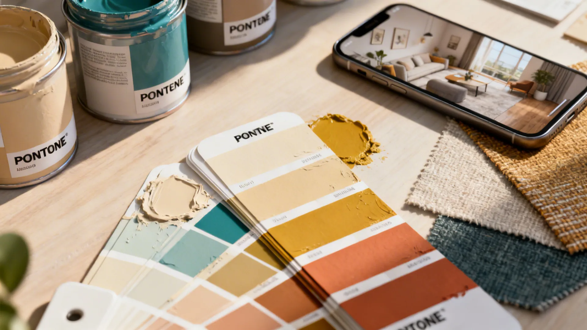 Paint swatches, fabric samples and a smartphone mockup used to test living room colors.