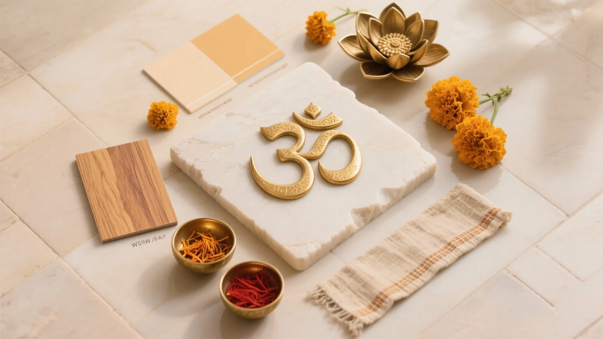 Flat lay of limestone, warm neutrals, wood veneer, brass motif, marigolds, and ritual colors.