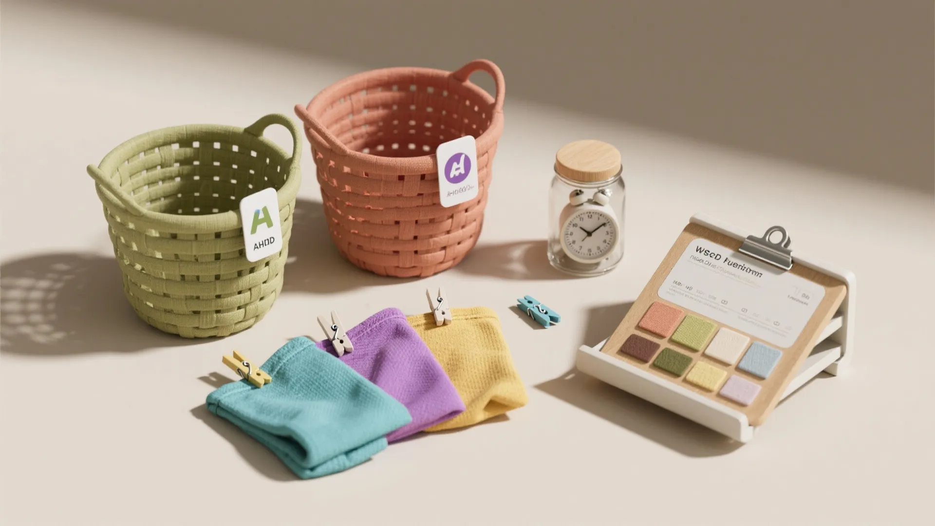 Woven storage baskets with colorful folded fabrics and small clock in jar beside color swatch