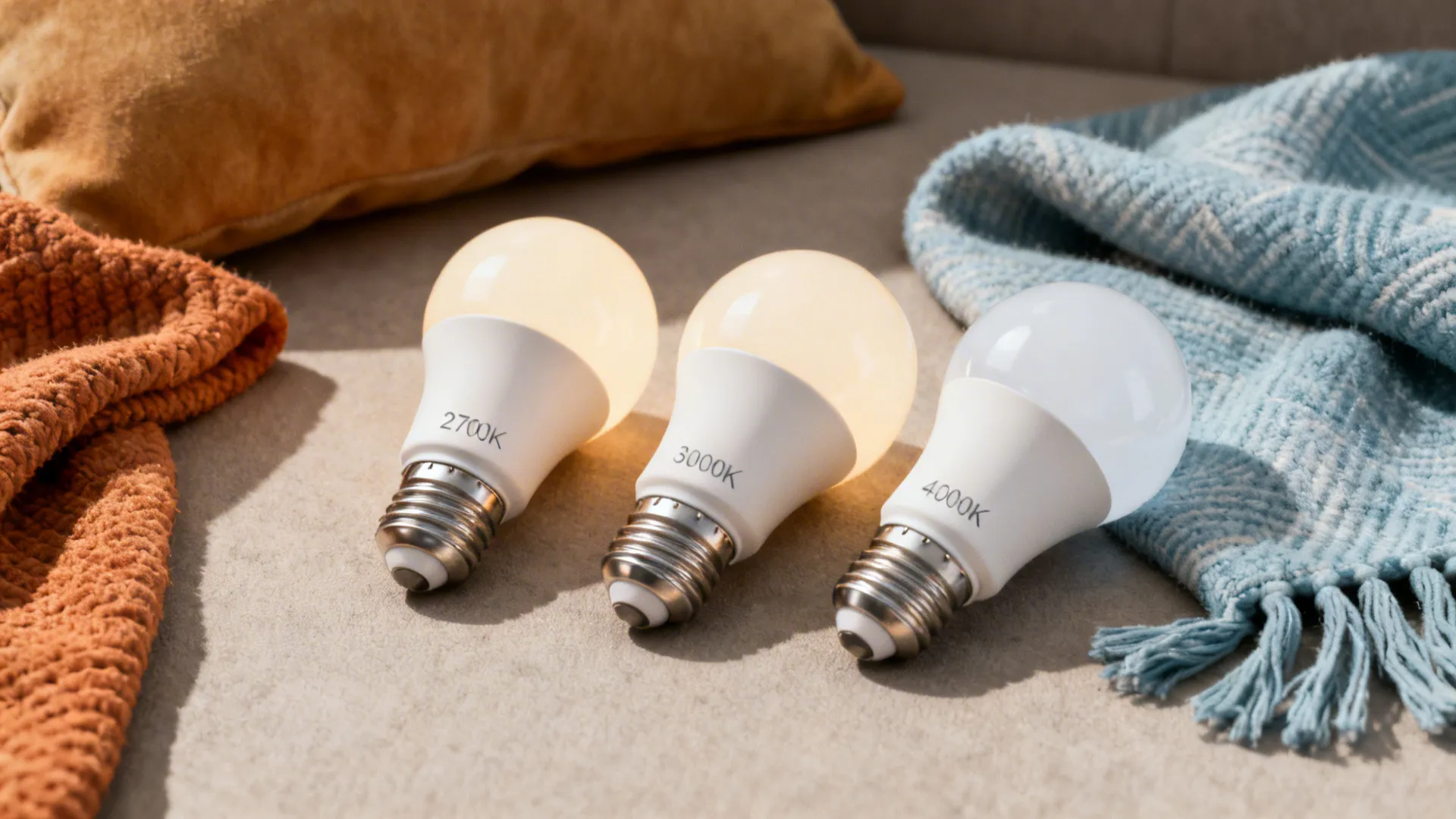 Three LED bulbs showing 2700K, 3000K and 4000K with warm and cool textiles for comparison