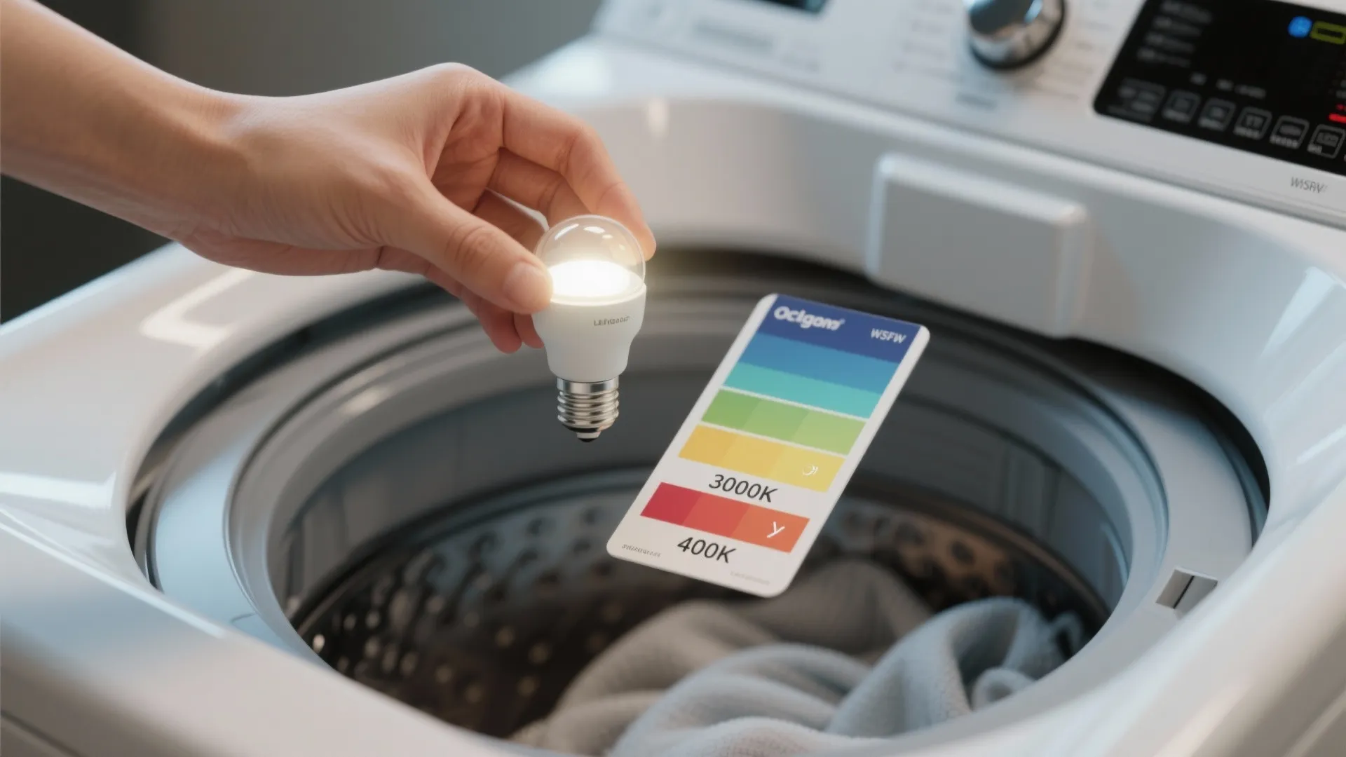 Hand holding a light bulb over a washing machine next to a color temperature guide