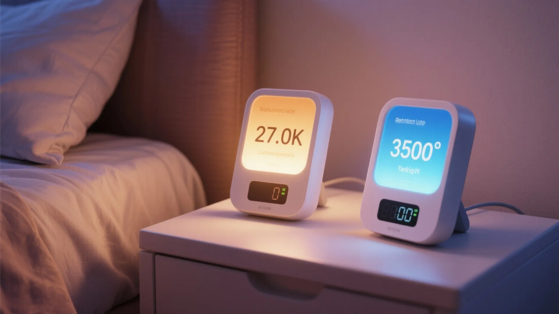 Two digital screens on a white nightstand showing warm and cool light color temperature values