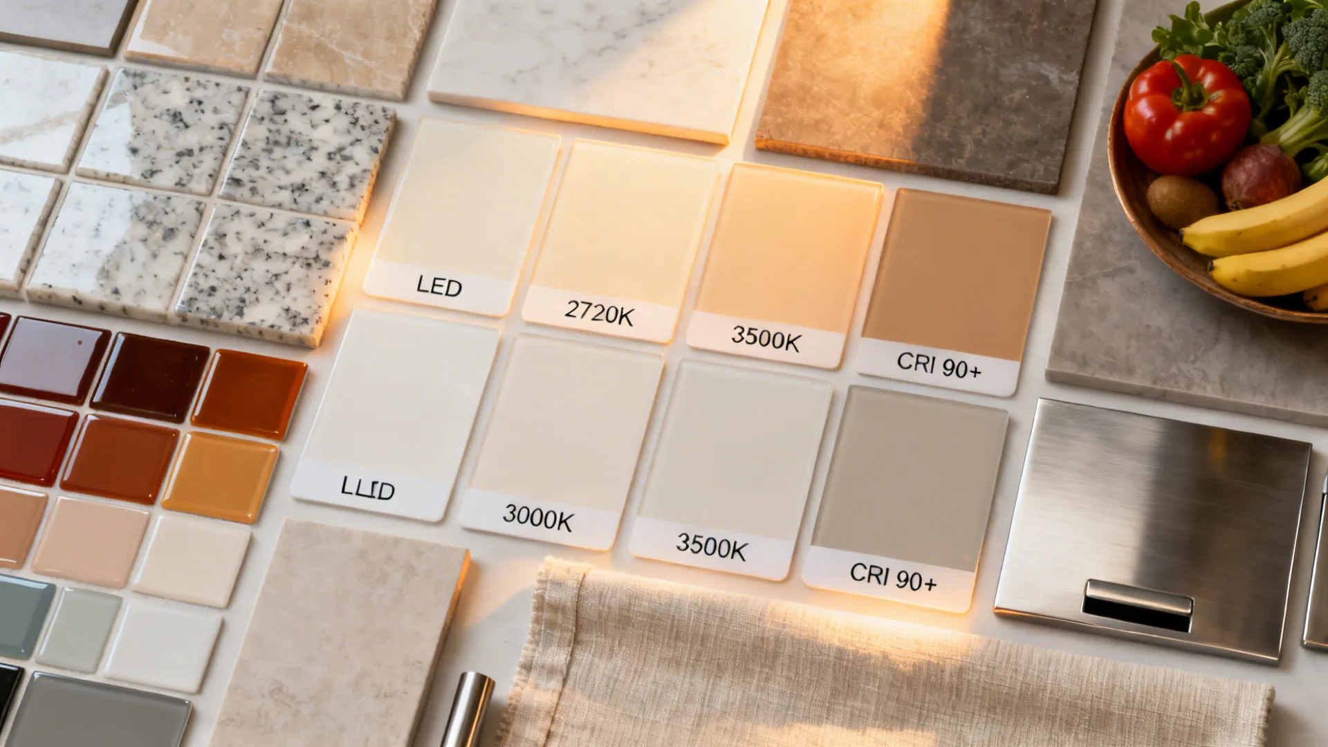 Flat lay of LED warmth options and high-CRI cues with kitchen material swatches and produce.