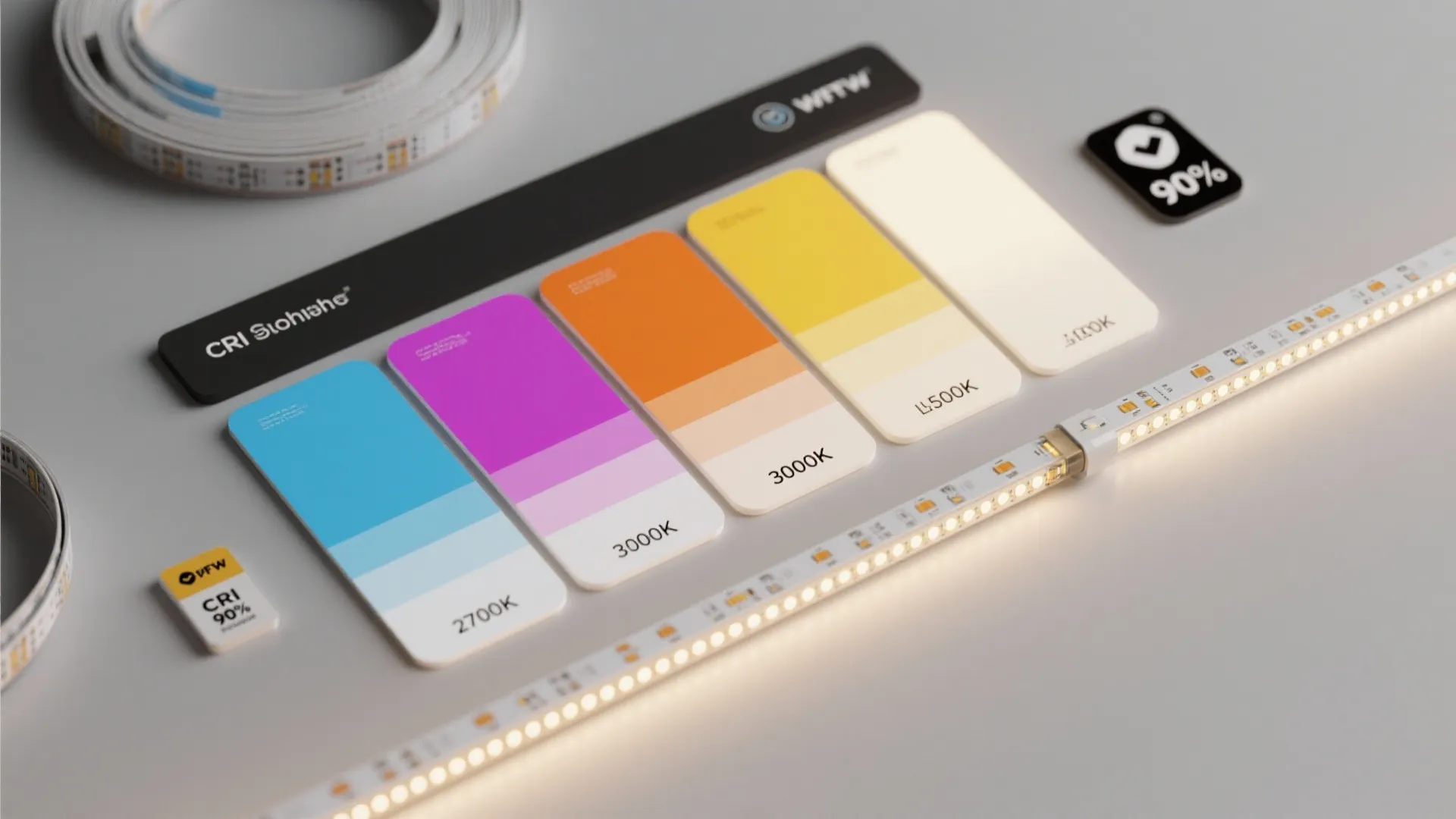 Colorful light cards showing different color temperatures with led strip lights on a grey surface
