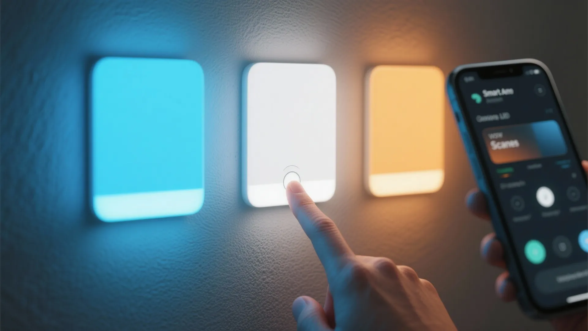 Person touching a smart wall light with phone app controlling blue white and yellow colors