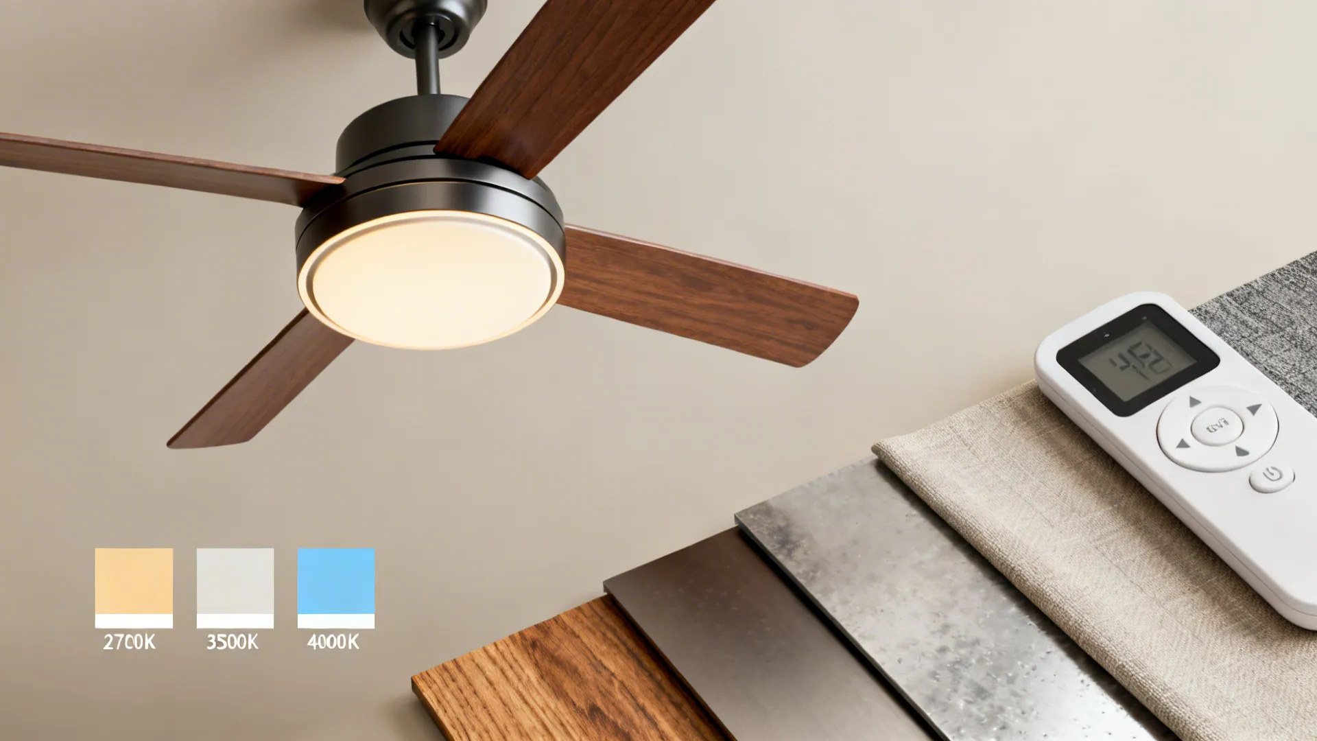 Fan remote and three LED color temperature swatches (warm, neutral, cool) with material samples