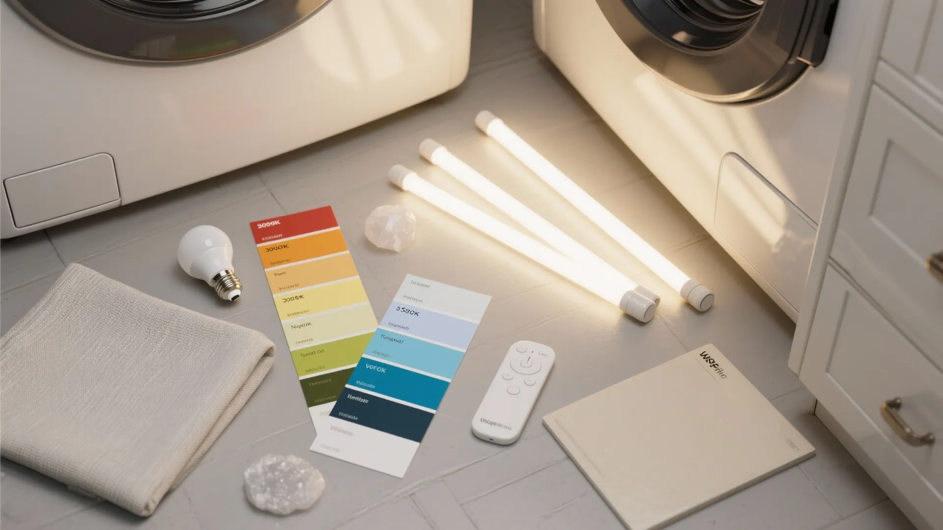 Light bulbs and color temperature charts on floor with remote control and modern laundry machines