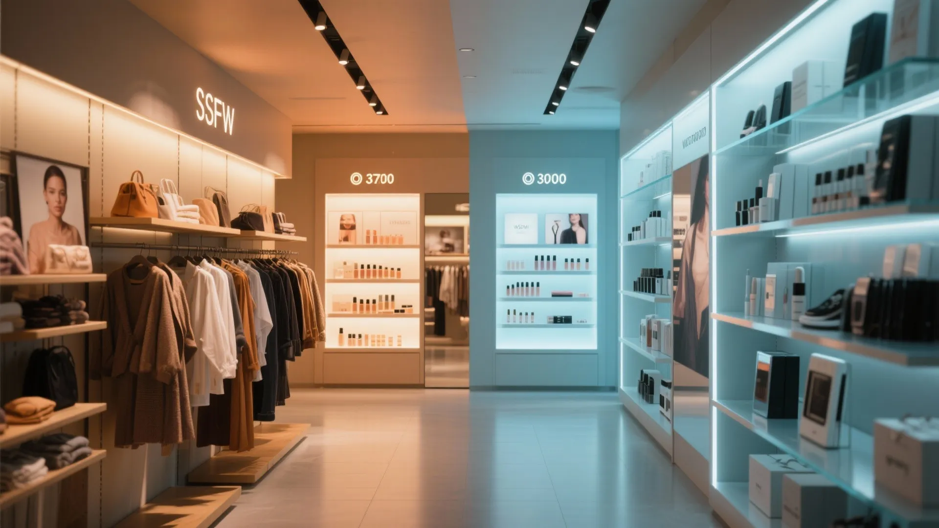 Three adjacent retail zones illuminated in warm, neutral, and cool color temperatures showing their behavioral effects.