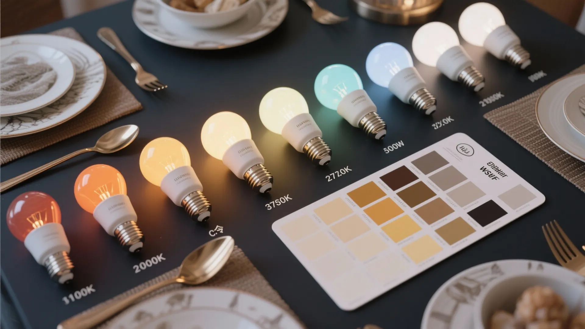 Lighting bulbs in different color temperatures with decor samples