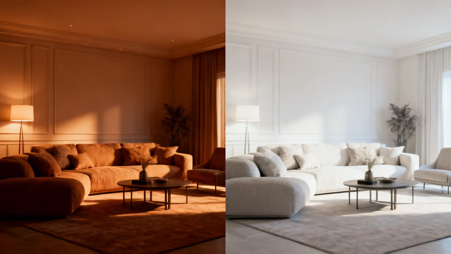 Before-and-after comparison of warm 2700K versus cooler 3300K color temperatures in the same living room.