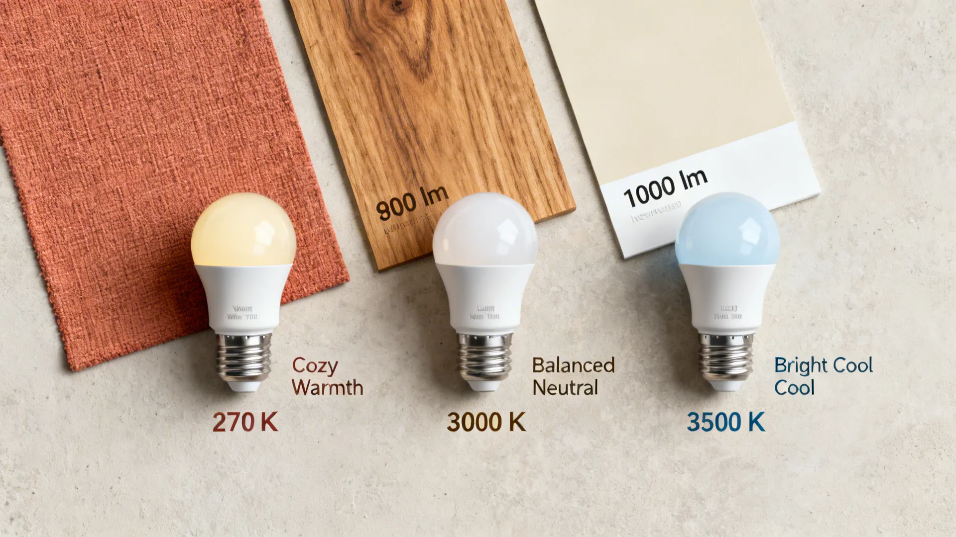 Flatlay of 2700K, 3000K, and 3500K bulb samples with fabric and wood swatches showing mood differences.