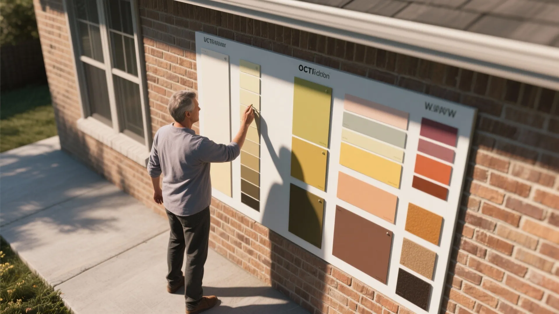 [
  {
    "url": "https://coohom-biz-sg-s3.coohom.com/ins/static/article/color-test-1761111551161711400.jpg",
    "alt": "Man choosing exterior house paint colors from large sample board on outdoor red brick wall"
  }
]