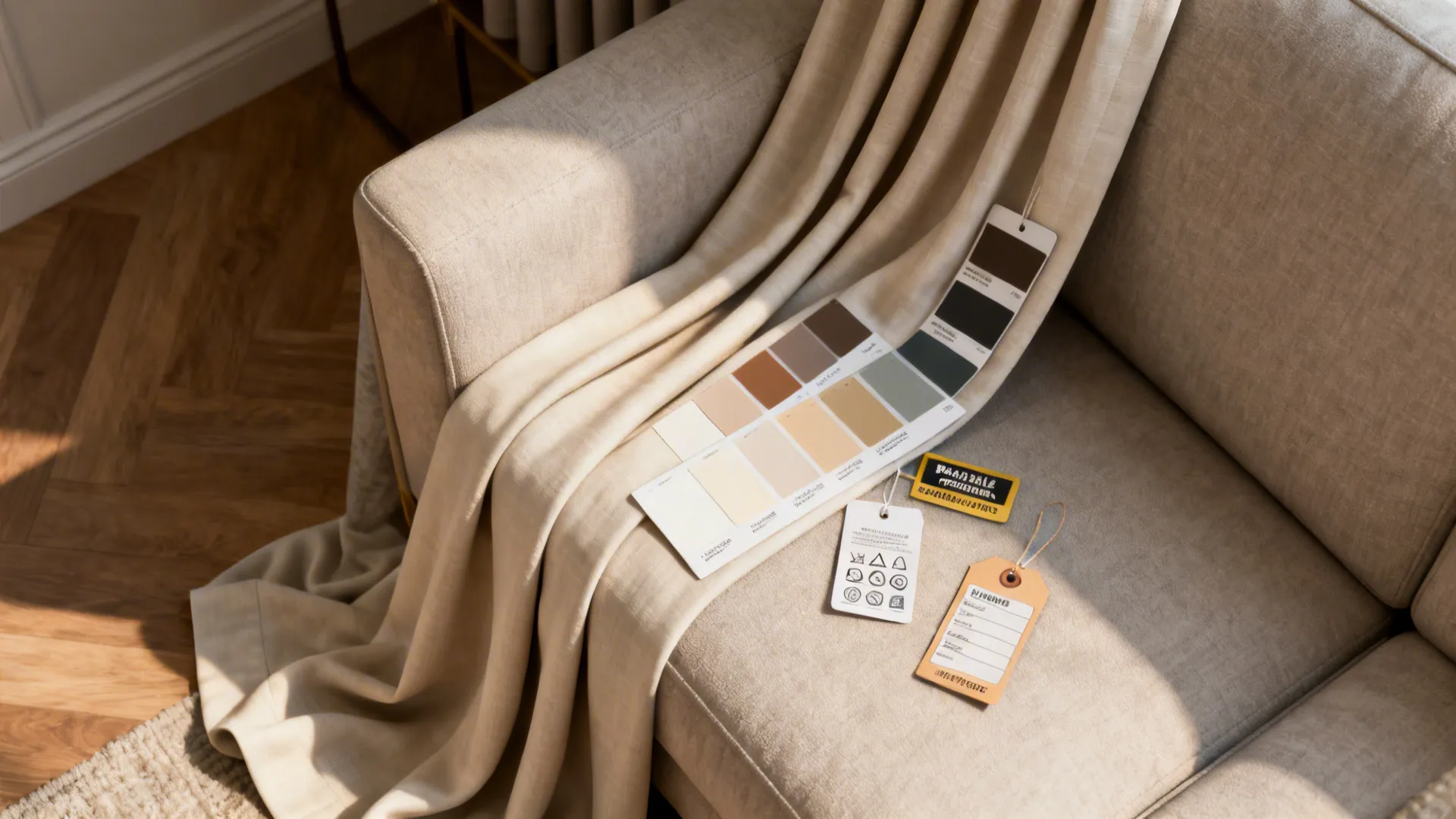 Panel sample draped over a sofa with paint swatches and care labels for a quick color and fabric test