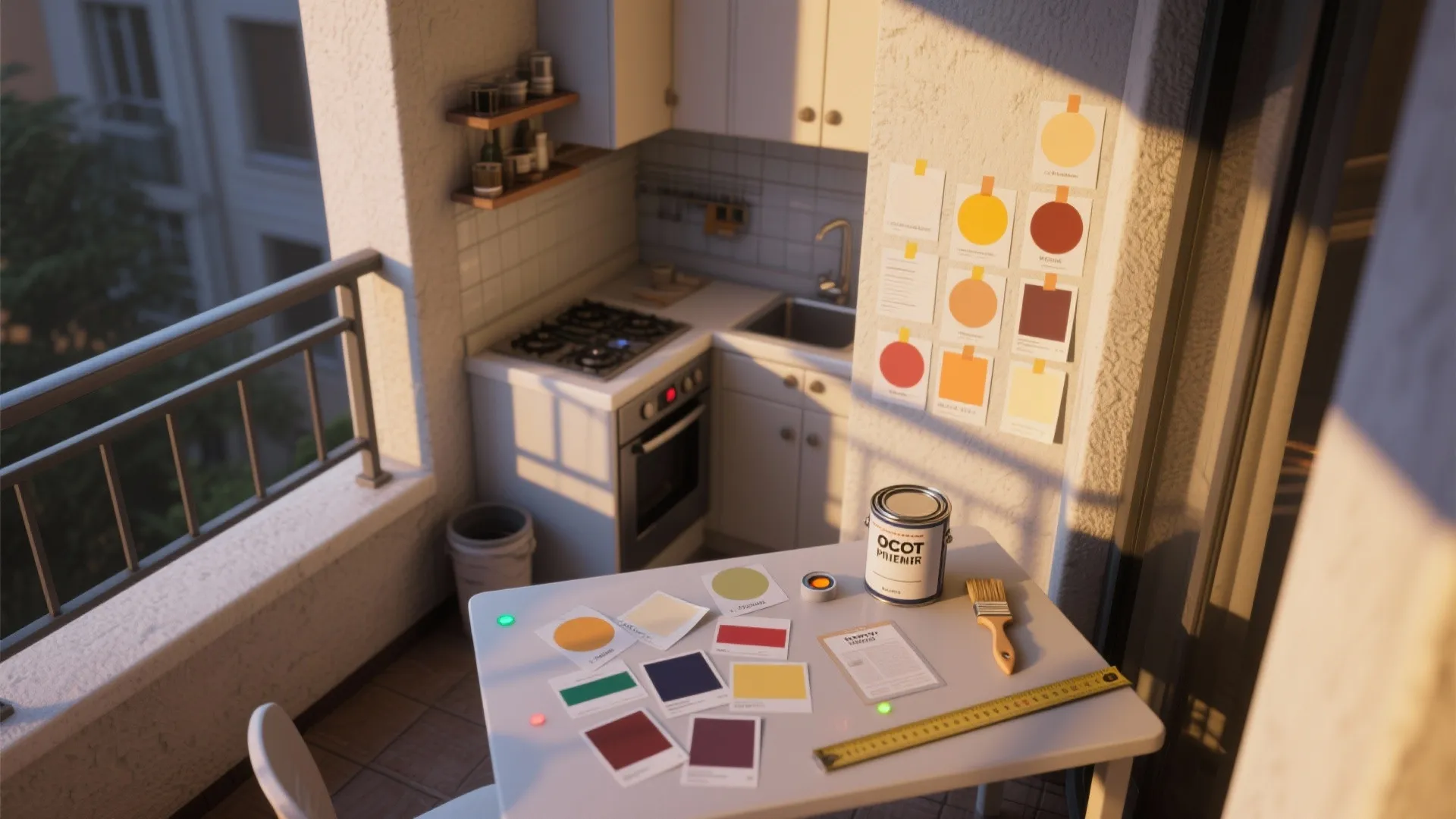 Small kitchen with various paint color samples displayed on white table and wall for house design
