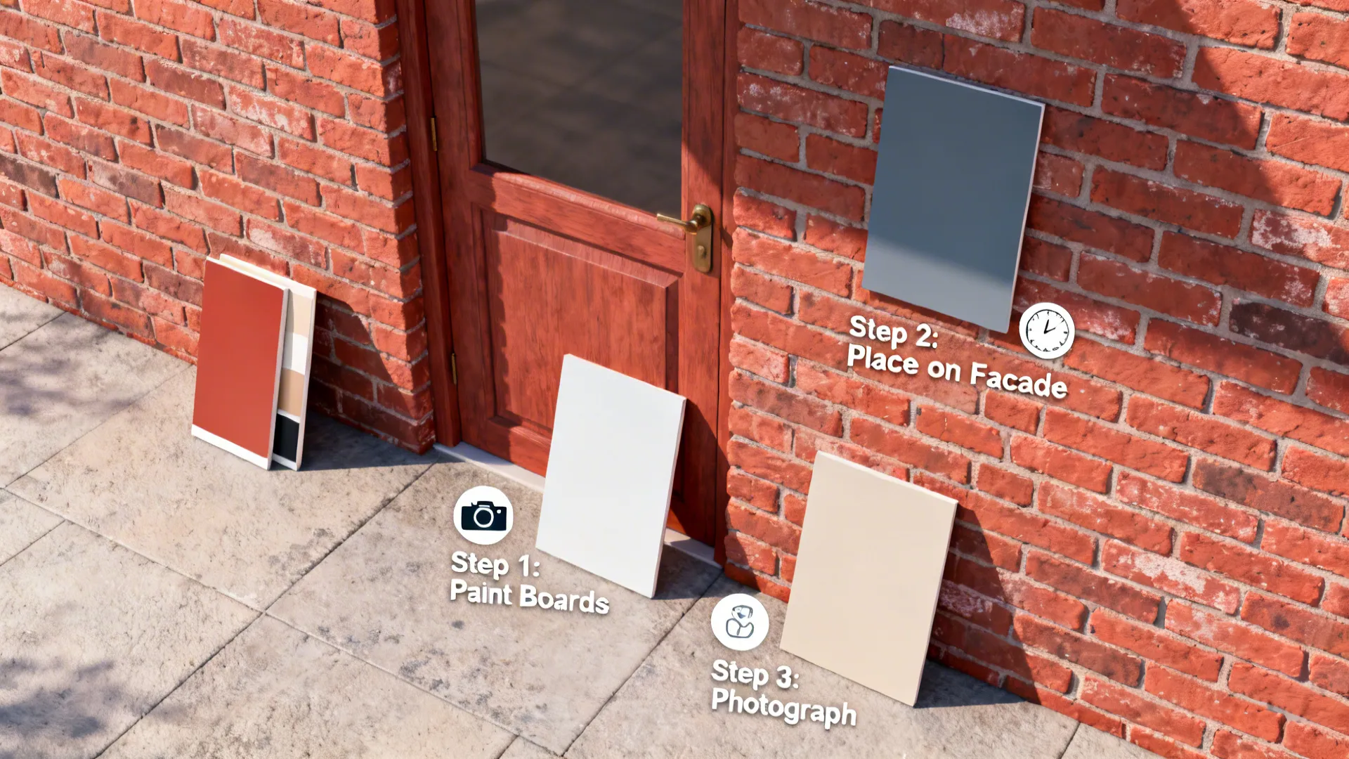 Top-down view illustrating steps to test door colors against red brick at different times.