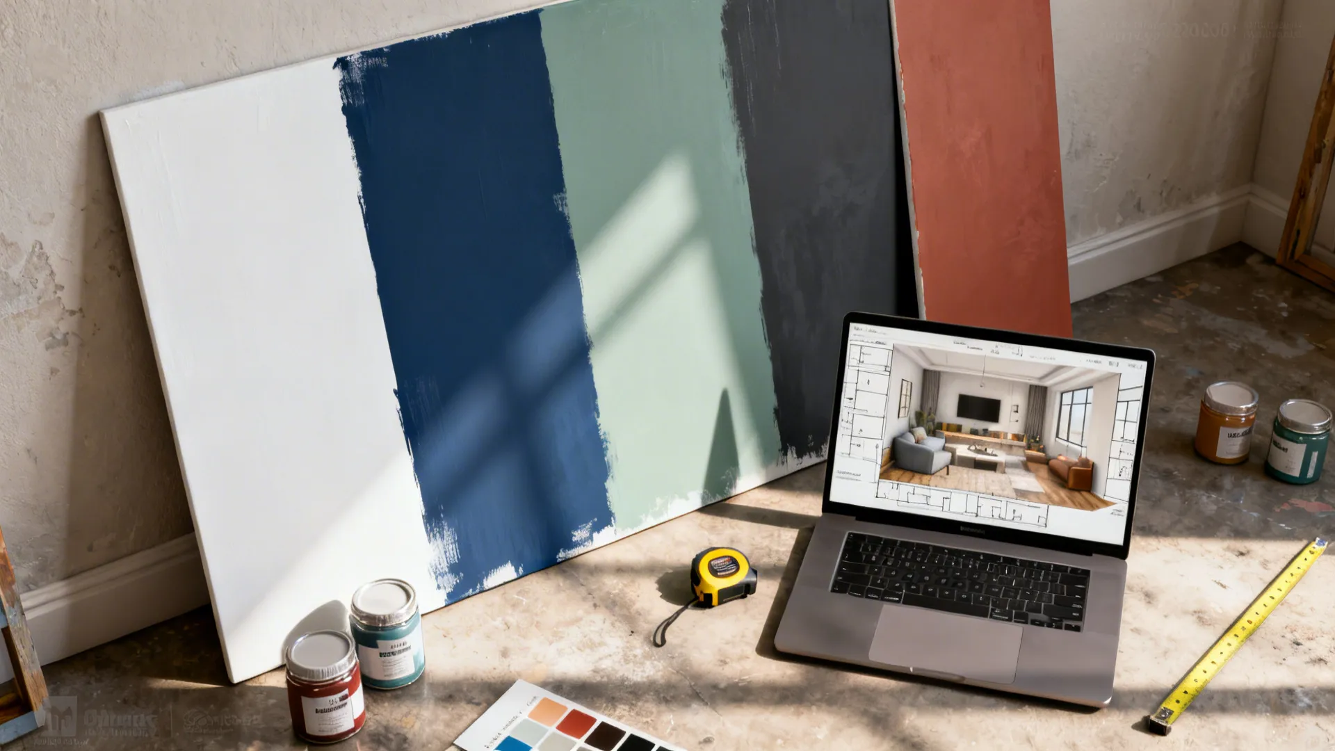 Top-down view of painted boards, paint jars and a laptop showing a 3D mockup for testing kitchen cabinet colors.