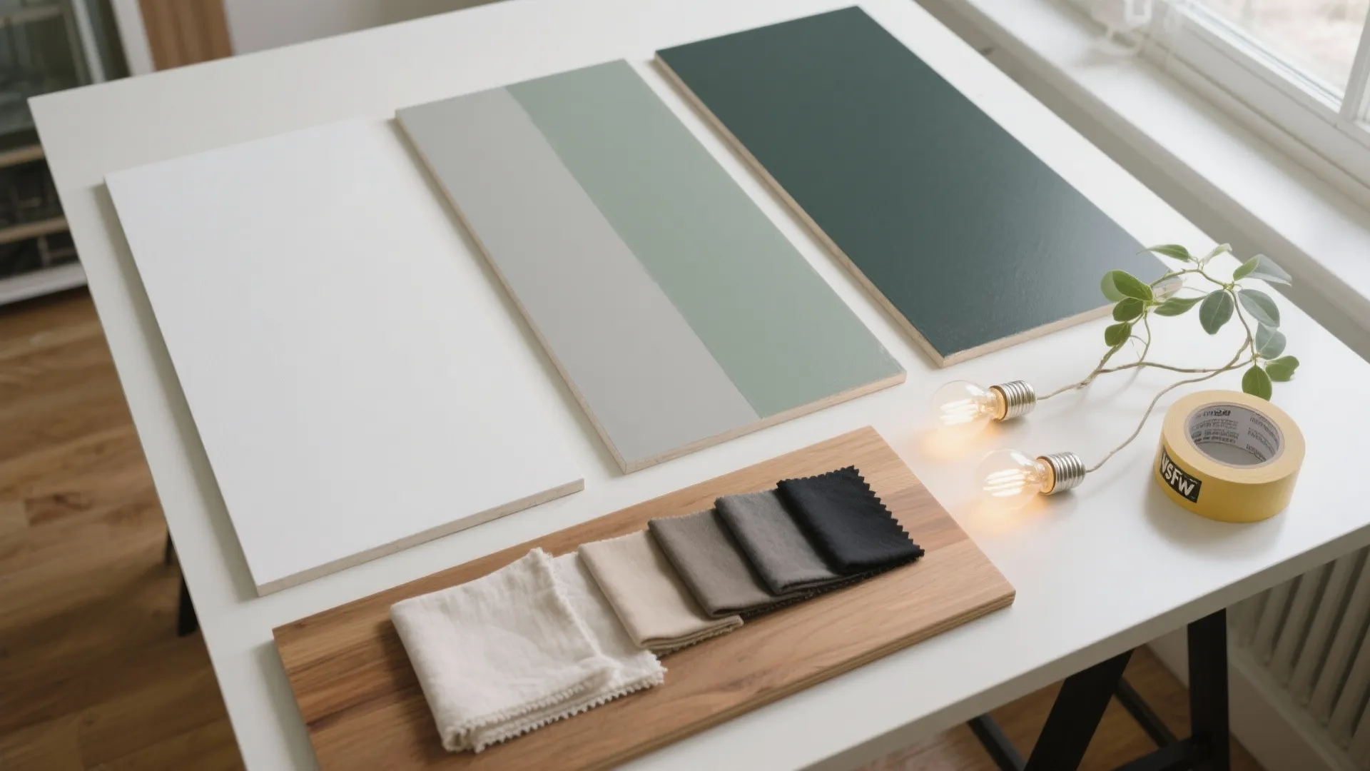 Interior design mood board with paint color samples fabric swatches light bulbs and yellow tape