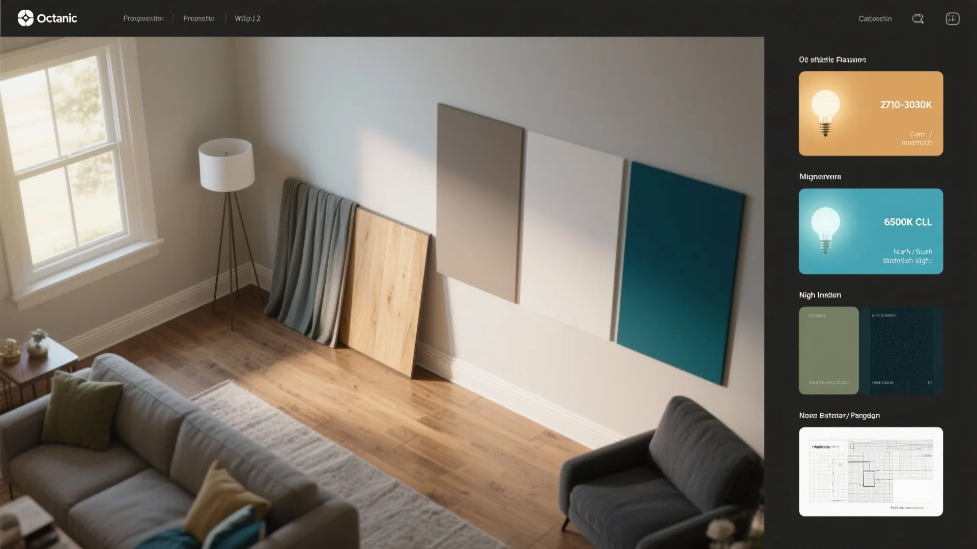 Interior design software showing wall color panels lighting options and a living room layout view