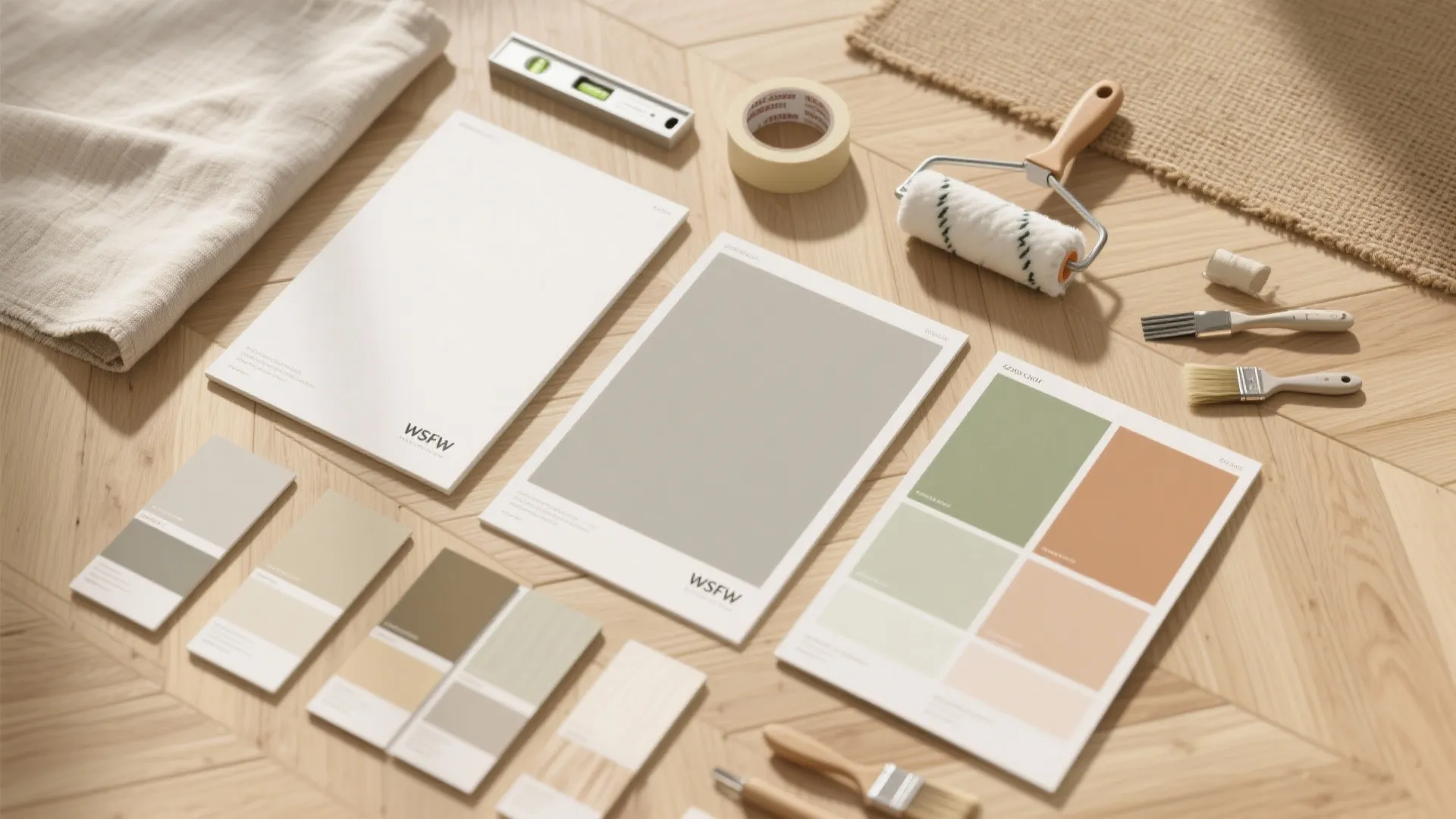 Top down view of paint color cards brushes paint roller and level on wooden floor surface