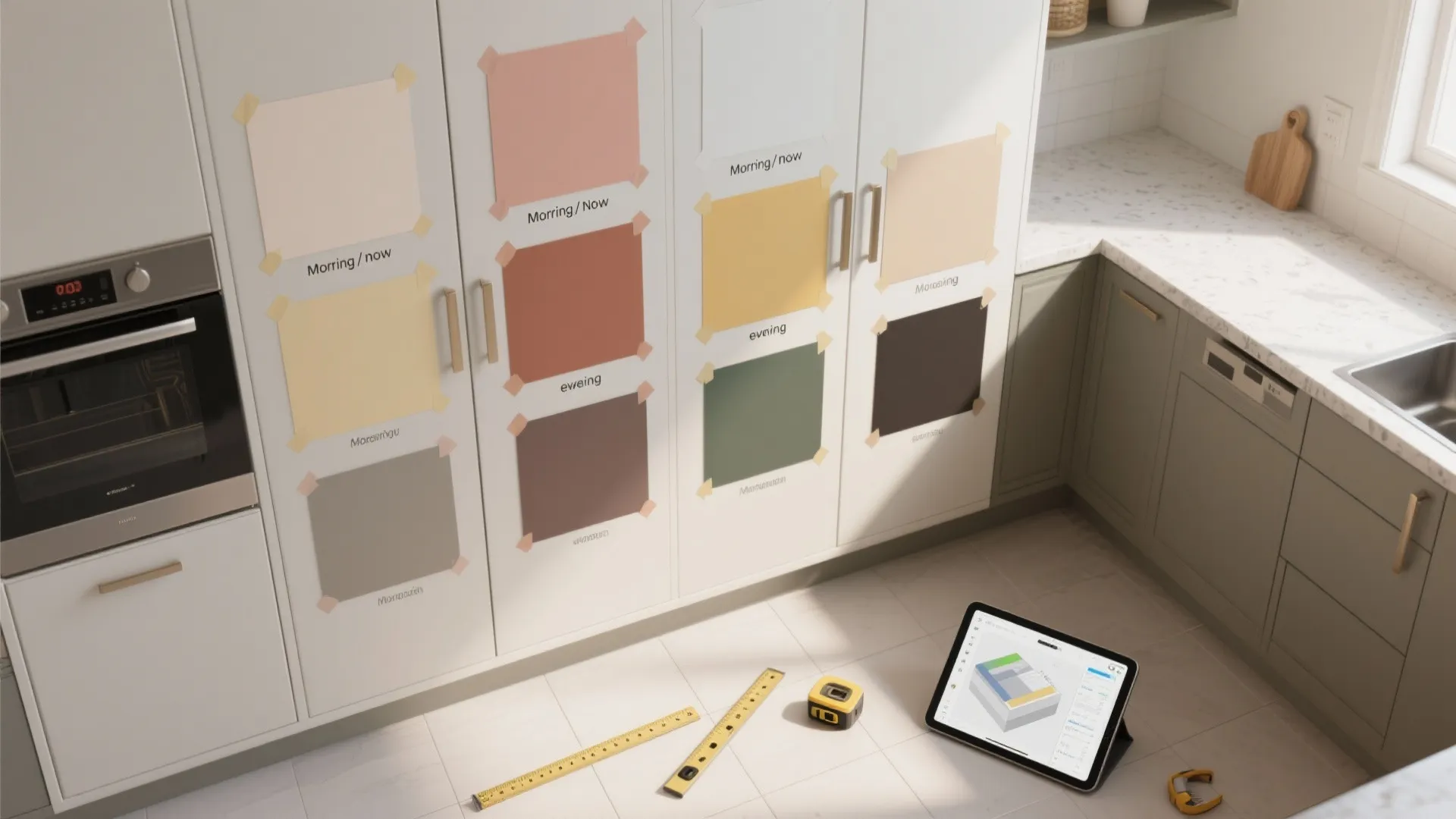 Top-down mockup of cabinet color test swatches at different times with 3D planner on tablet.