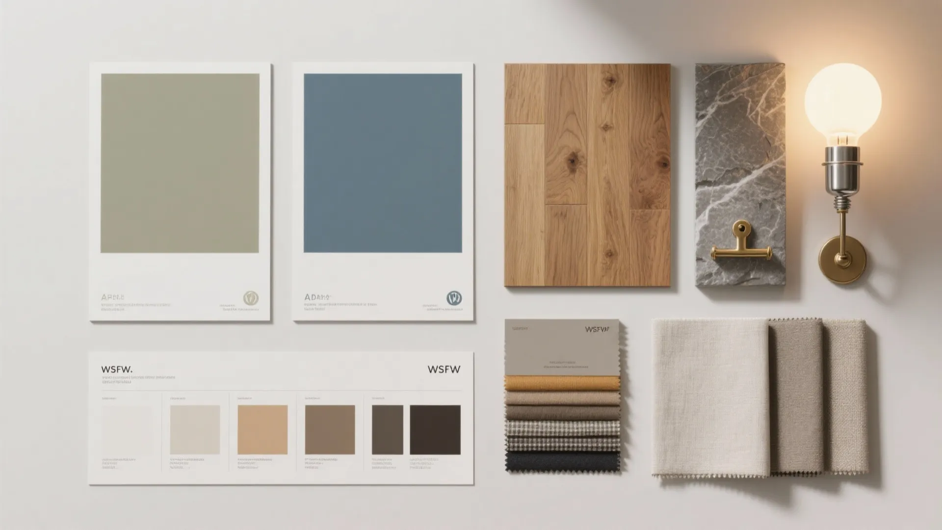 Interior design mood board with paint swatches wood samples fabric textures stone and light fixture