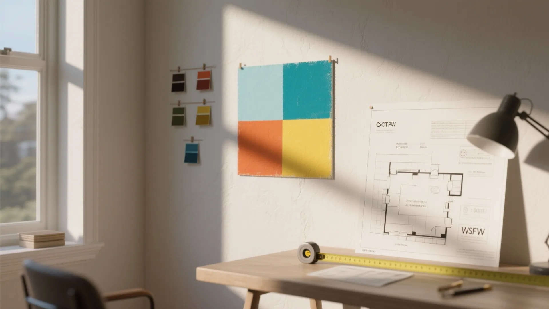 Interior design workspace with color samples floor plan drawing desk lamp and yellow measuring tape tool