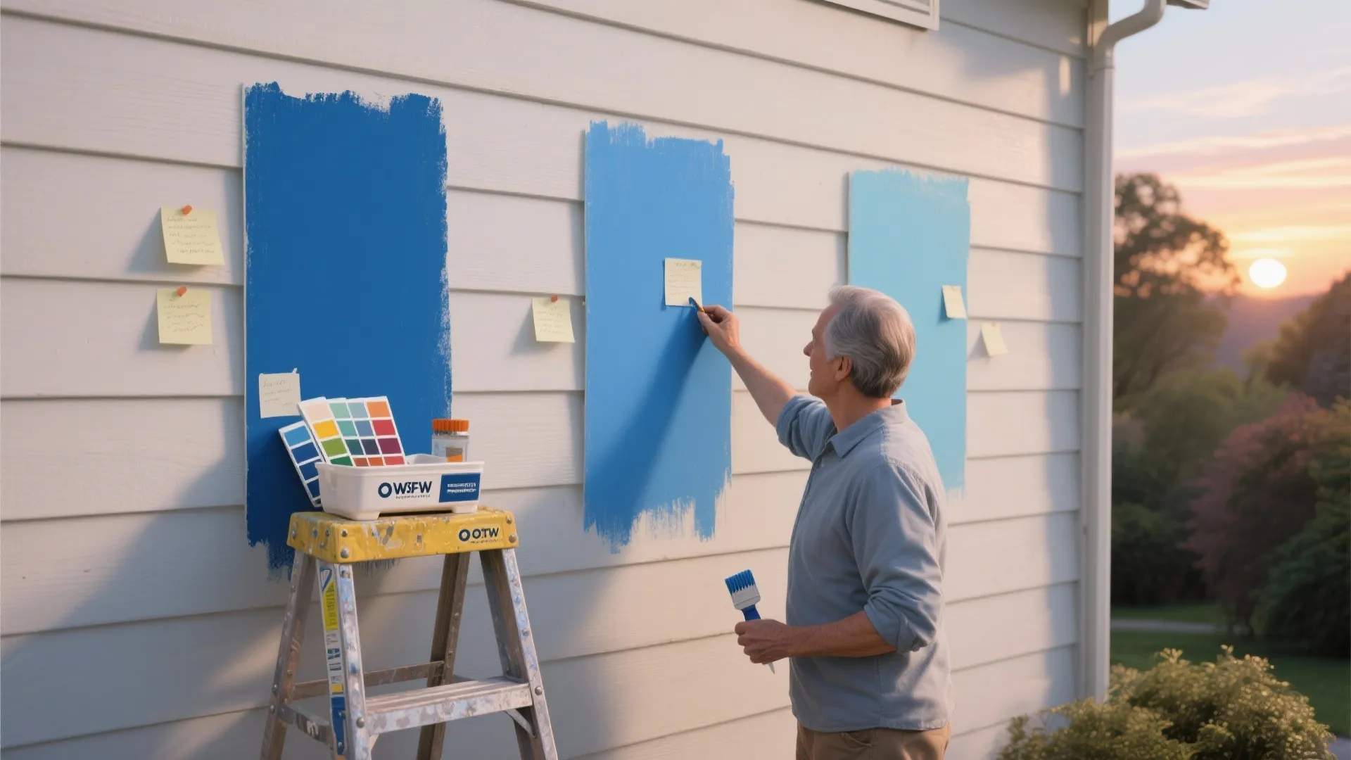 Man testing blue paint colors on white house wall with sticky notes and paint tools