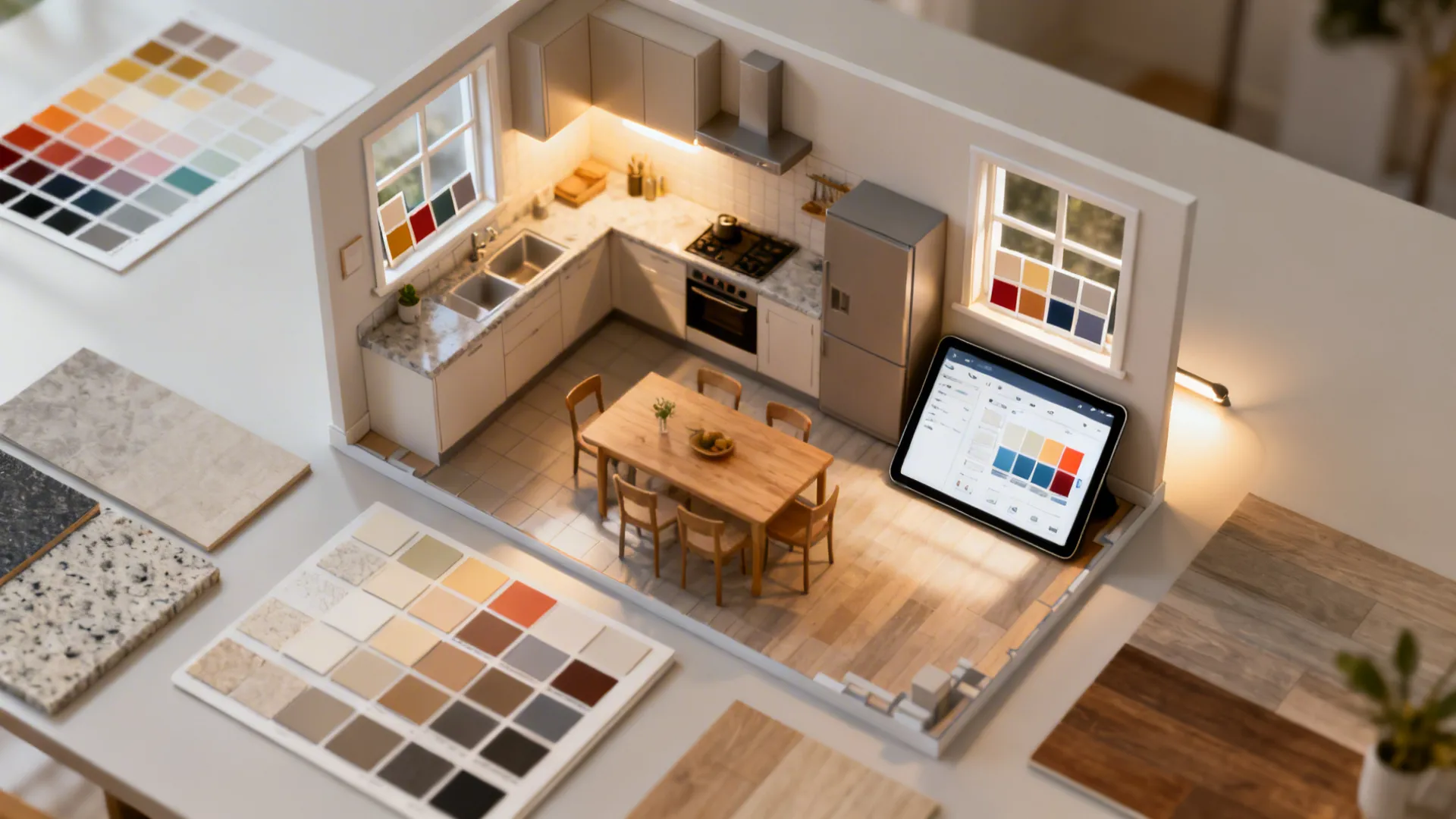 Top-down view of paint swatches, tablet with room planner, and material samples for testing colors.