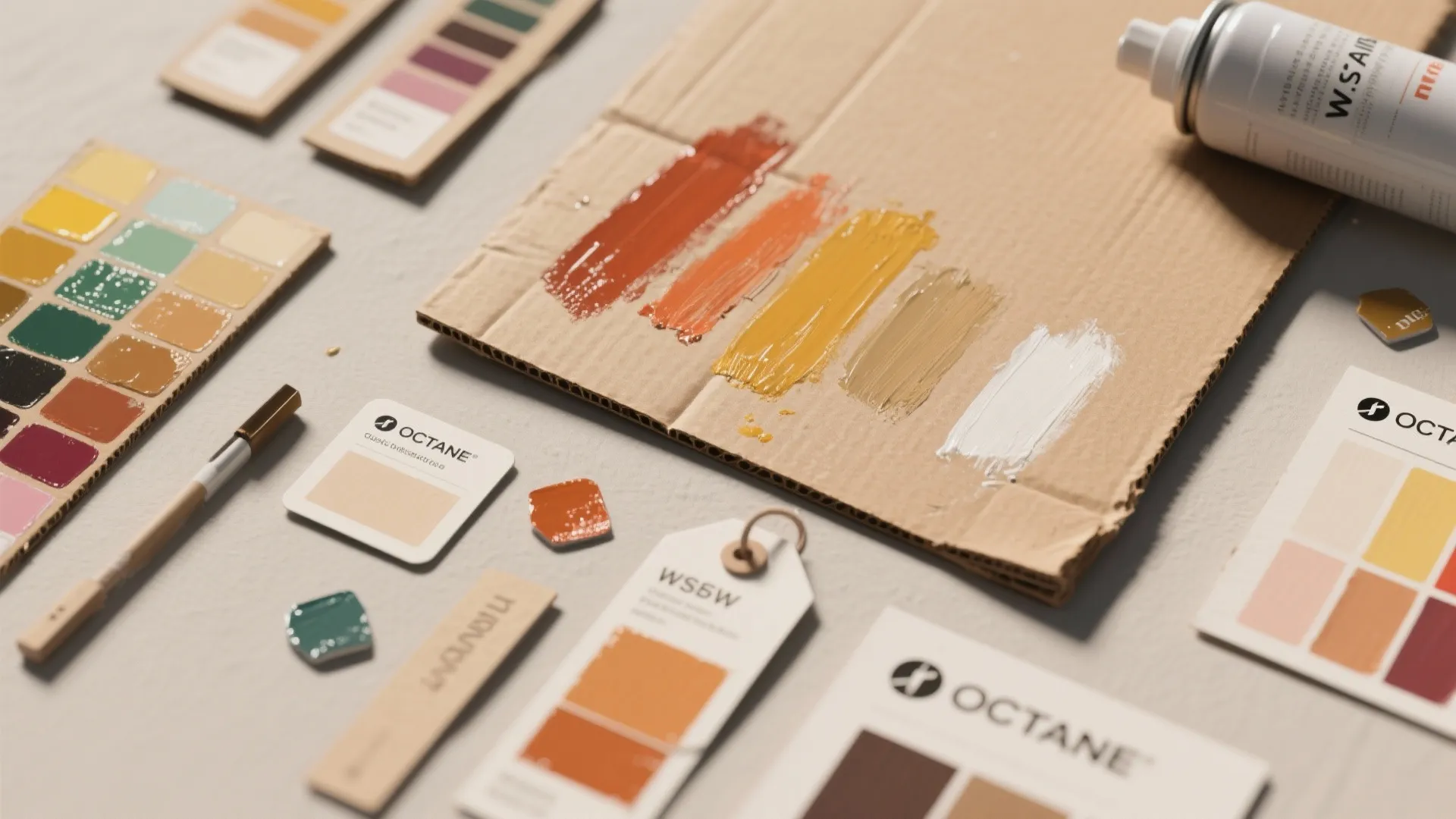 Colorful paint swatches on cardboard surrounded by color palettes and design tools for home renovation