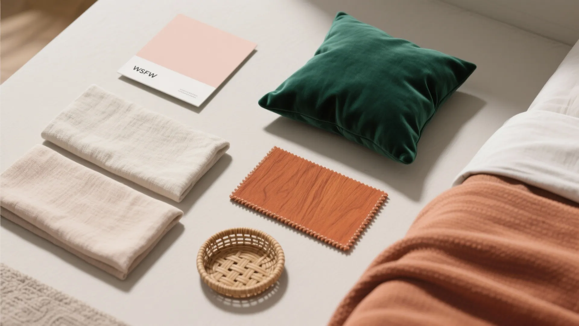 Interior design mood board with green pillow pink color card wood sample and fabric swatches