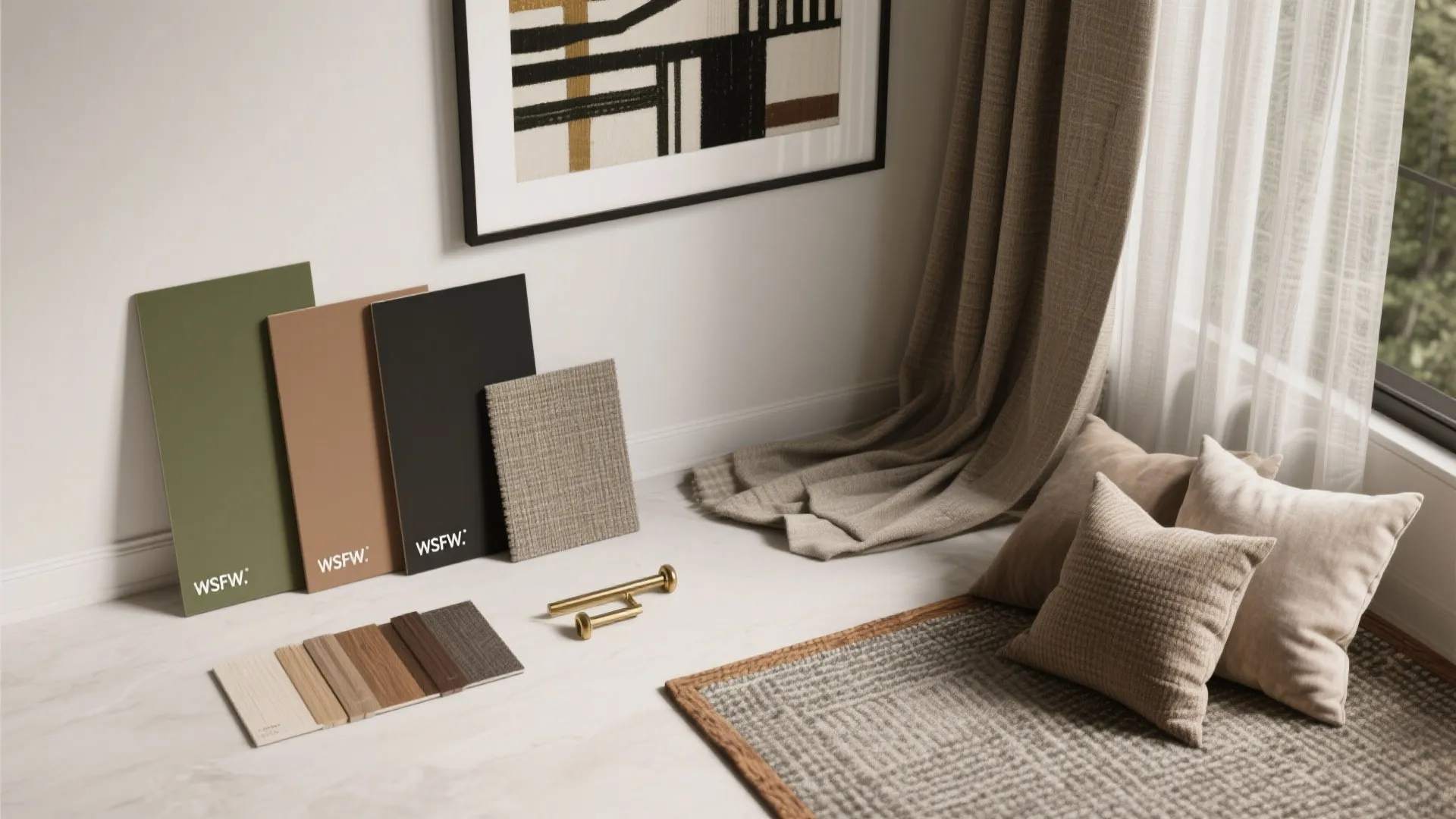 Interior design material board with color swatches fabric samples decorative pillows and a grey rug