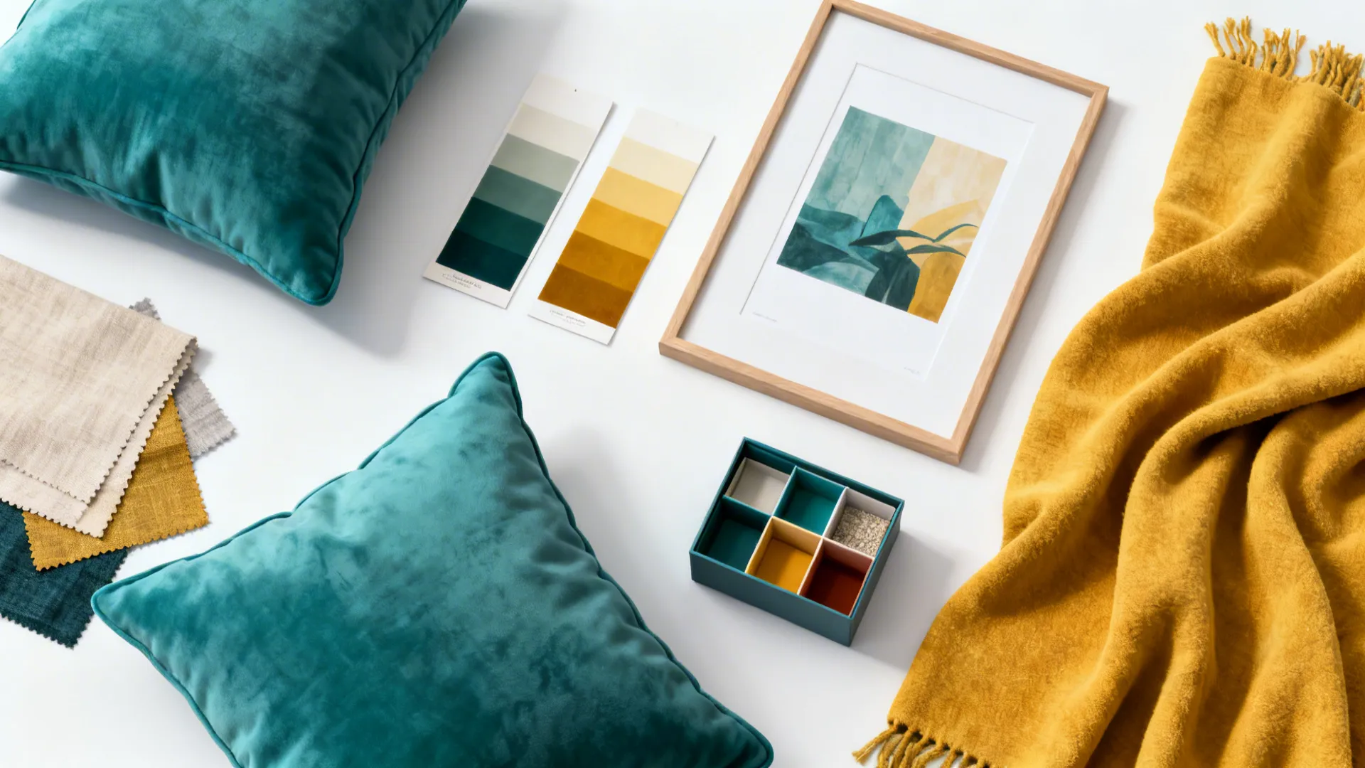 Flatlay of teal and mustard textiles and fabric swatches for a white bedroom