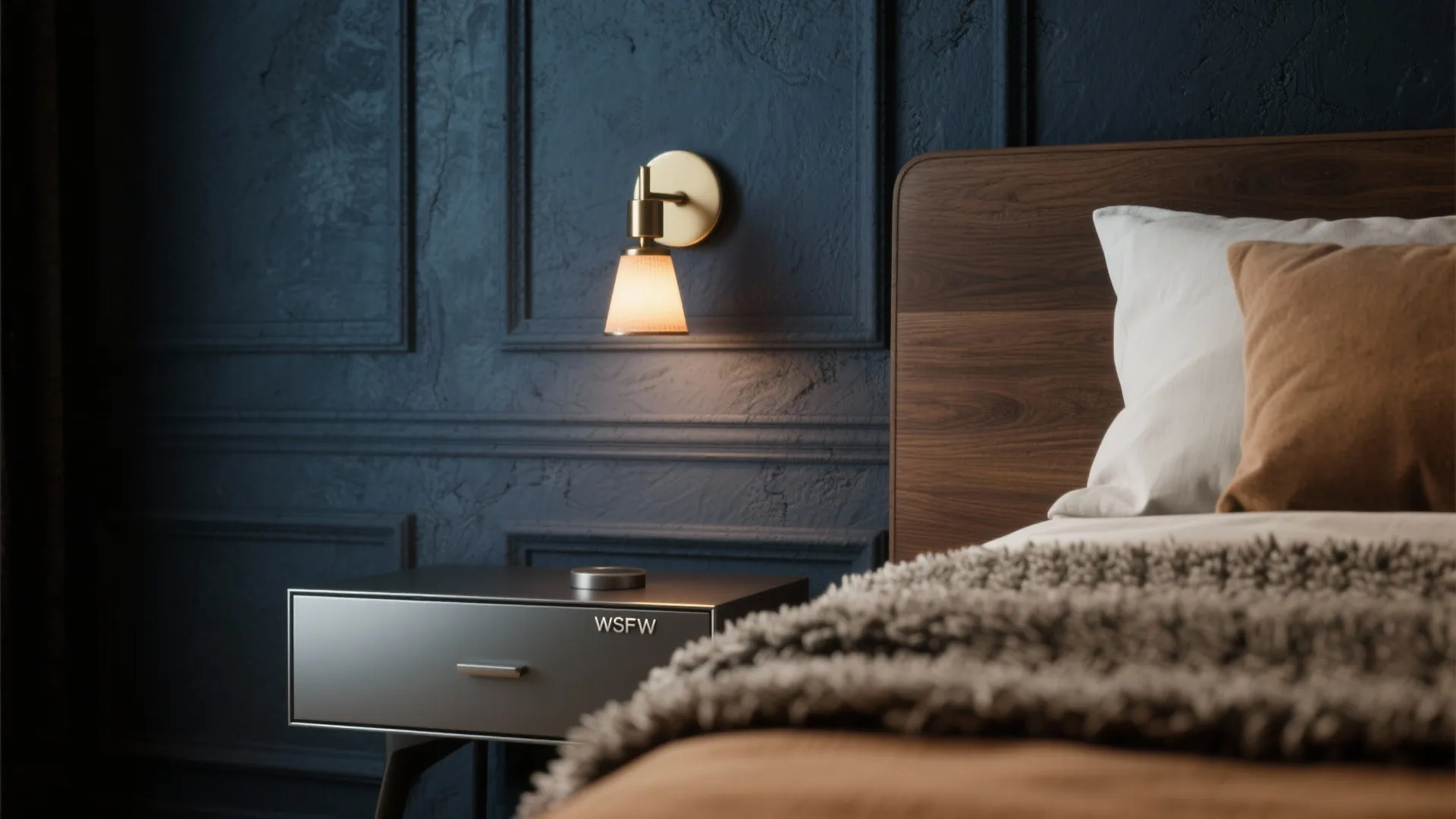 Modern bedroom with dark blue wall panel gold wall light wooden headboard and grey cabinet