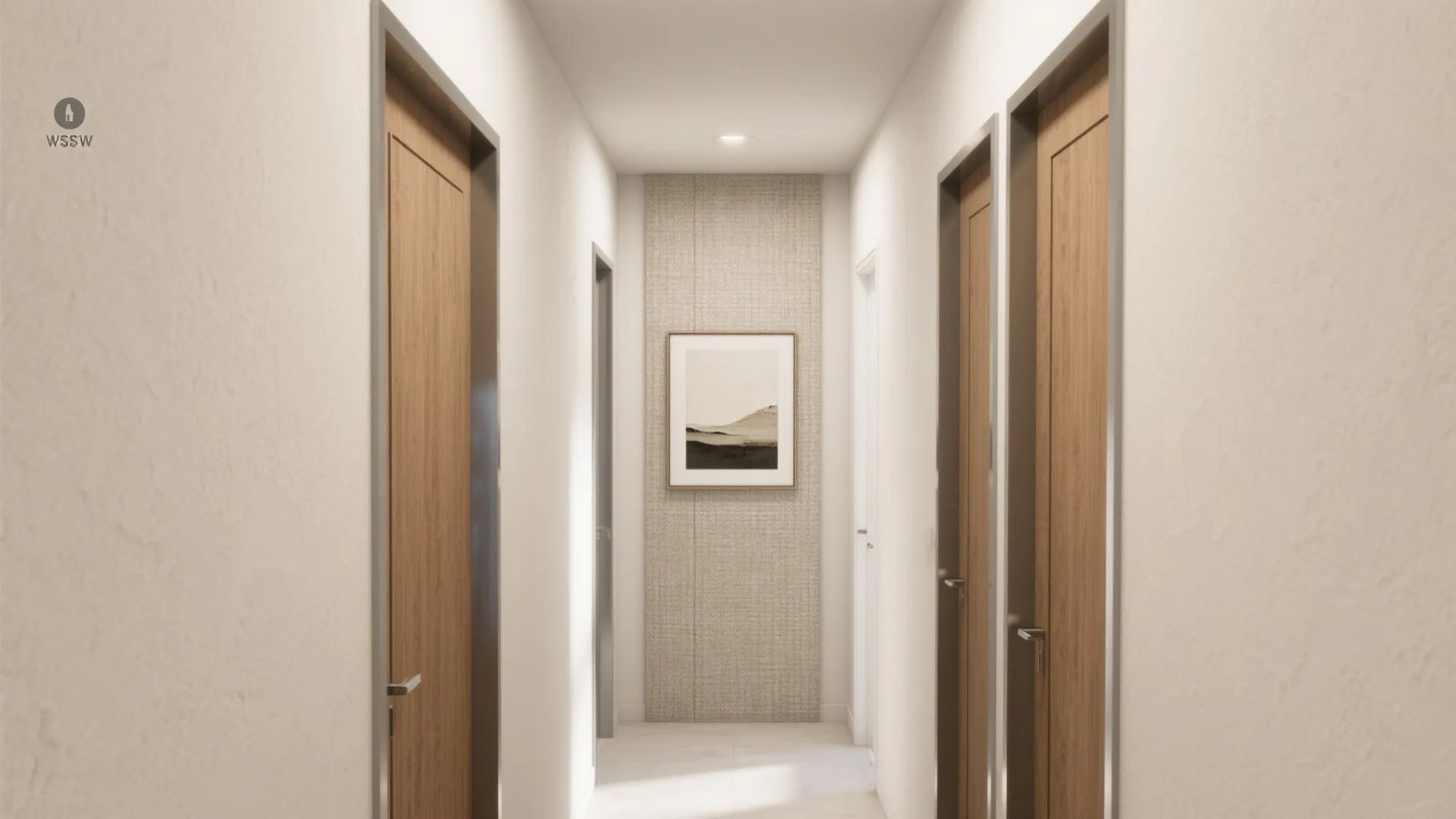Small hallway in soft neutrals with a textured panel and one scaled artwork creating depth.
