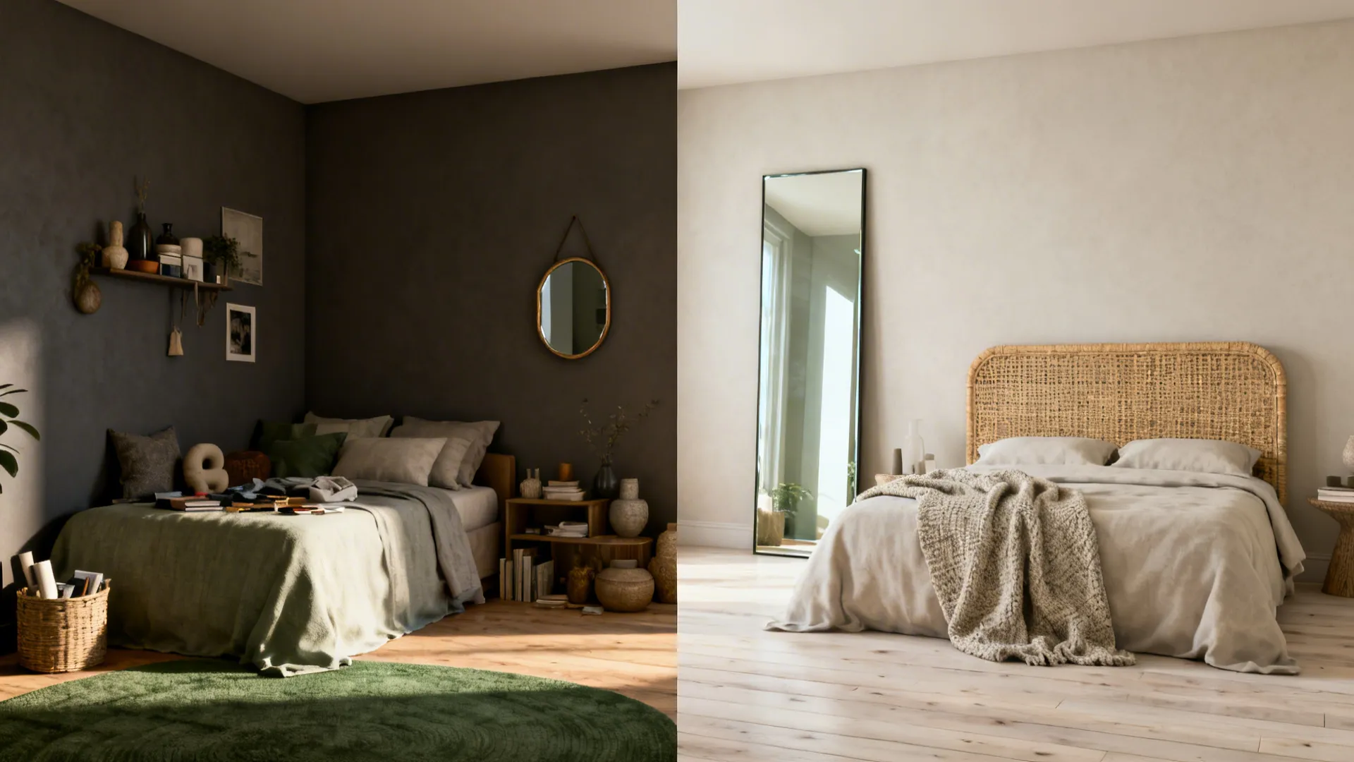Before and after of a small guest room transformed with light colors, mirror and textured accents.
