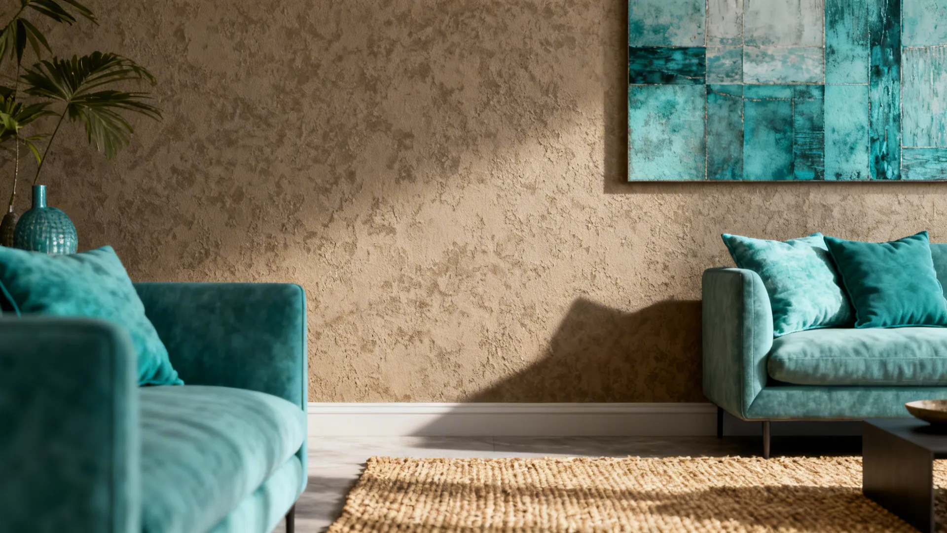 Textured accent wall with aqua accents and woven rug creating visual depth