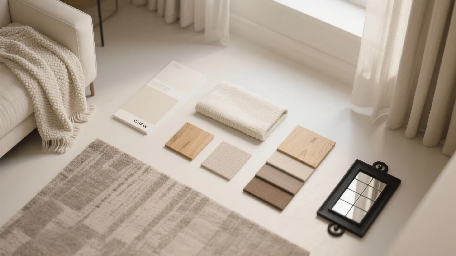 Neutral interior design material board with wood samples fabric swatches and textures on white floor