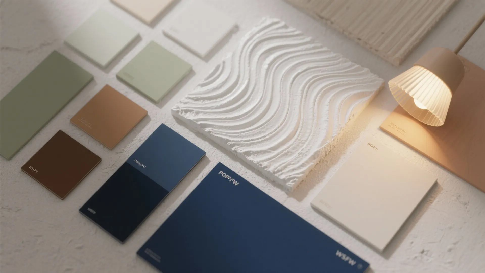 Interior design color palette with blue green and brown cards wavy wall panel and lamp