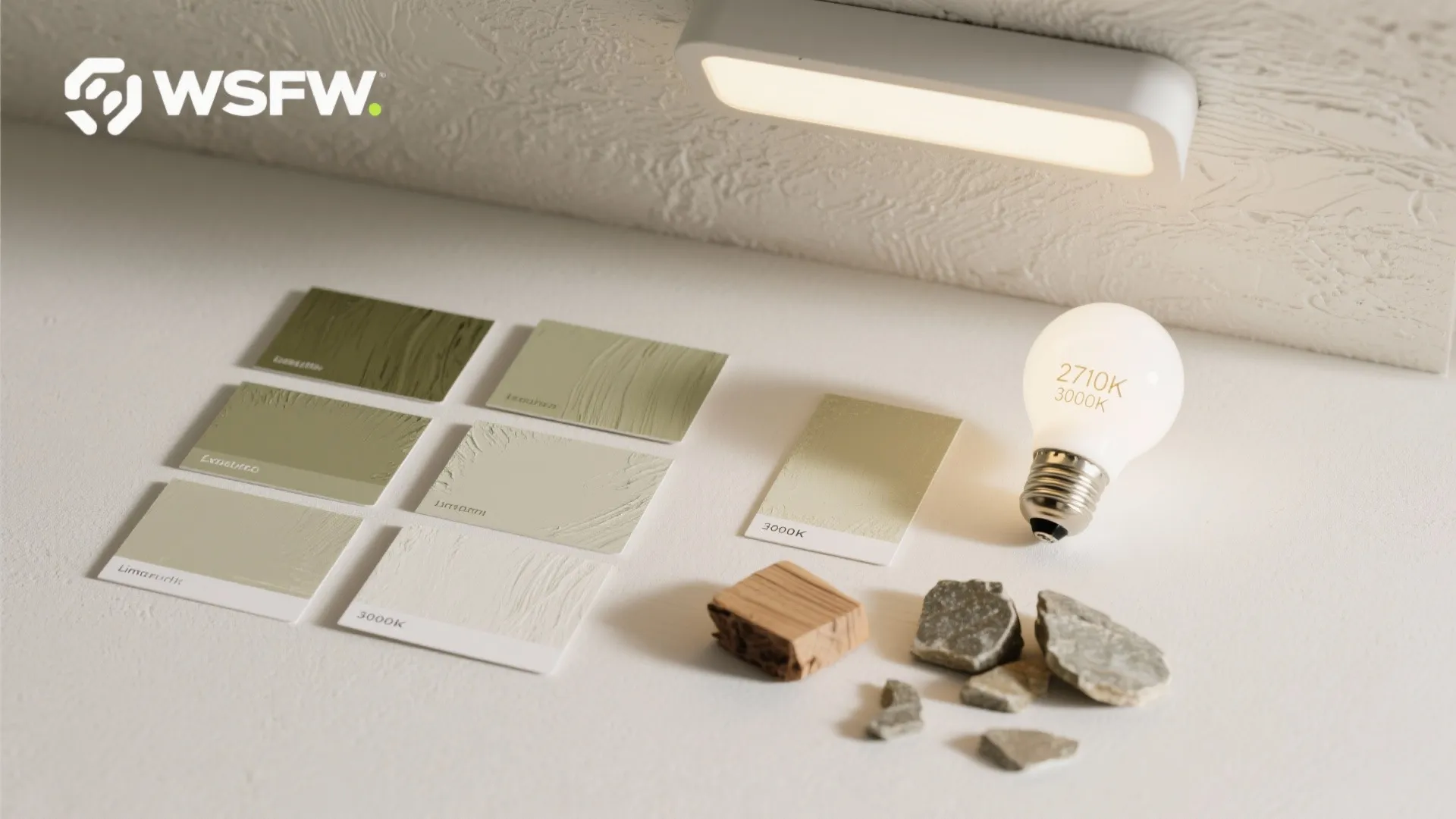 Green color texture samples placed on white surface with a light bulb and small stones