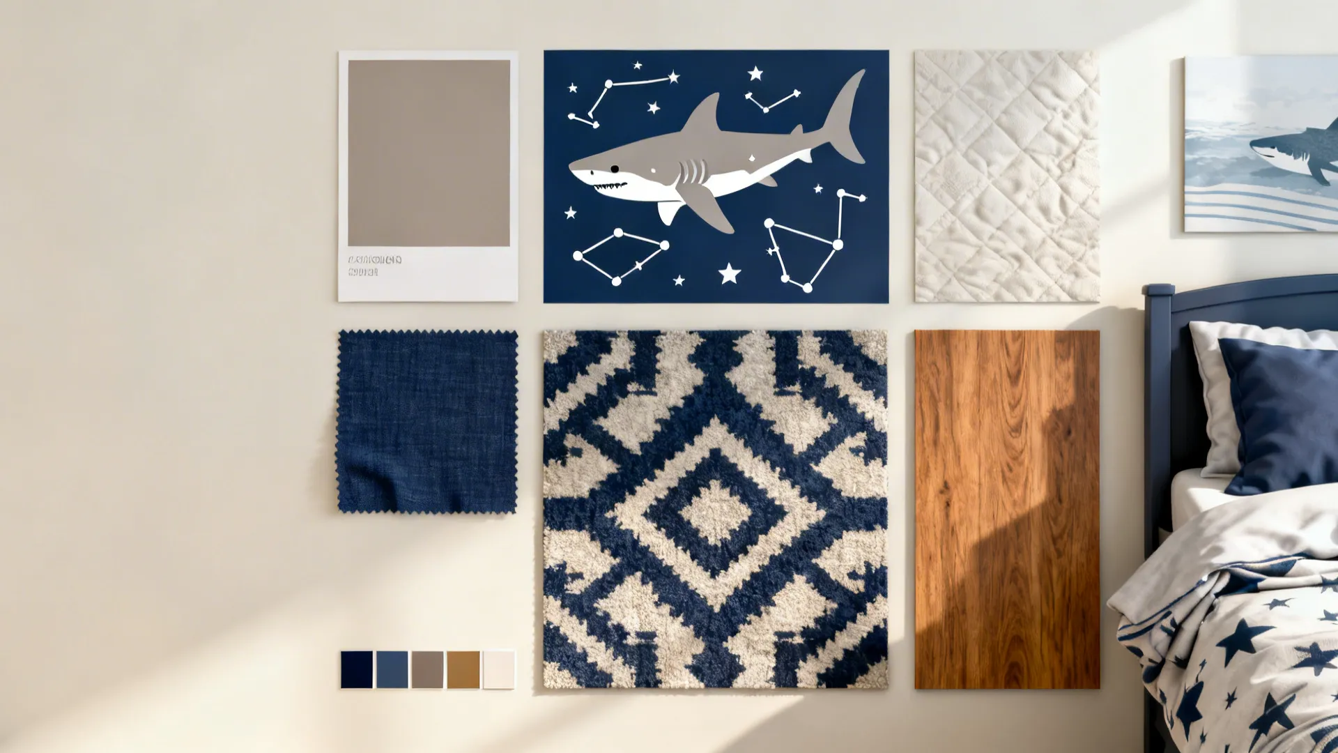 Flat lay of warm gray paint, navy textiles, decals, rug swatch, and oak wood for an adaptable room palette.