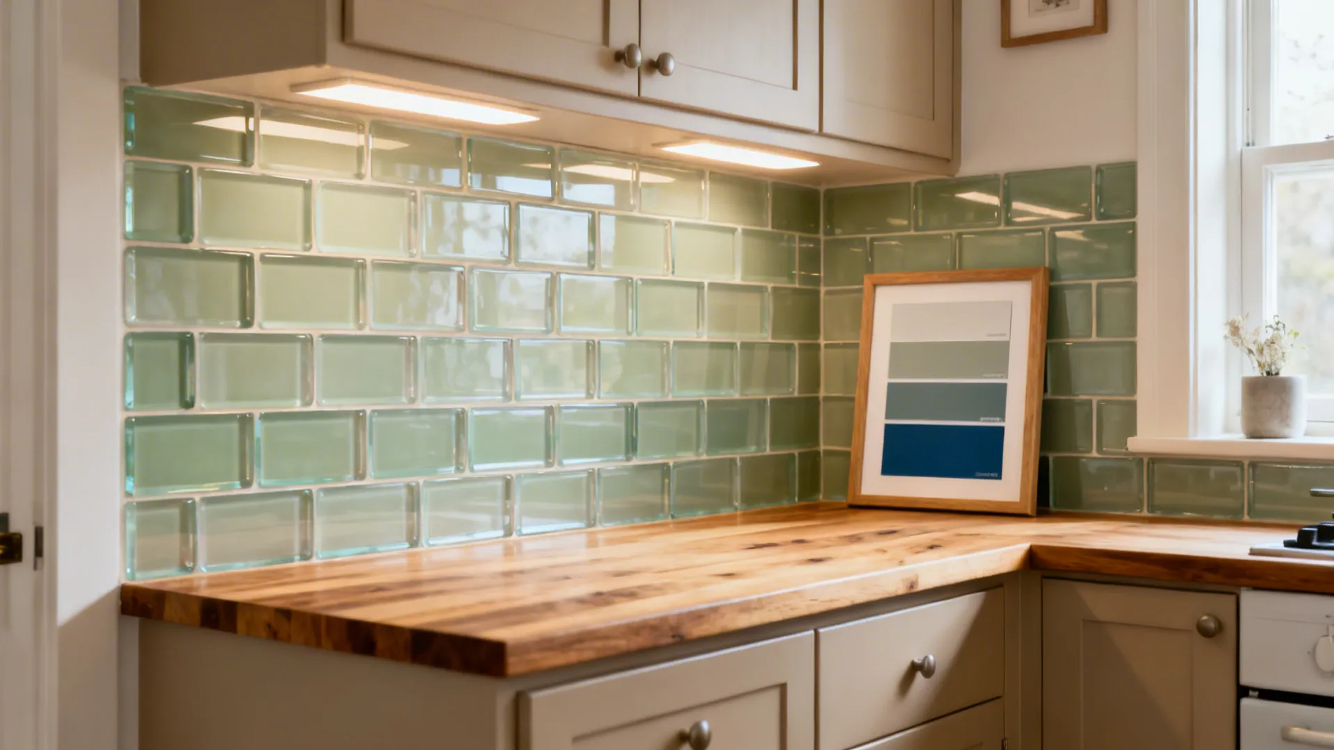 Compact kitchen with soft sage color-through glass subway tiles and butcher block accents.