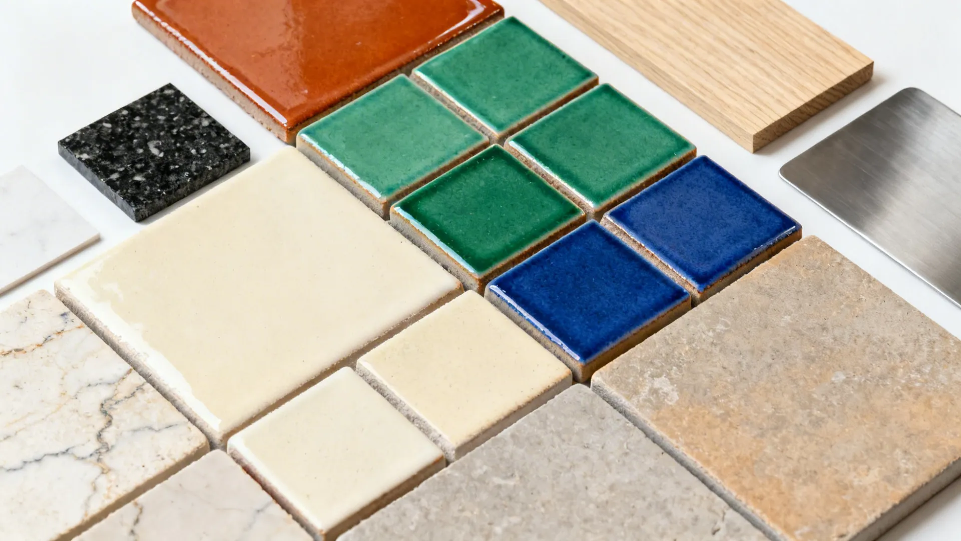 Flat lay of terracotta, emerald, and indigo accent tiles with neutral cream and greige bases plus granite and wood swatches.