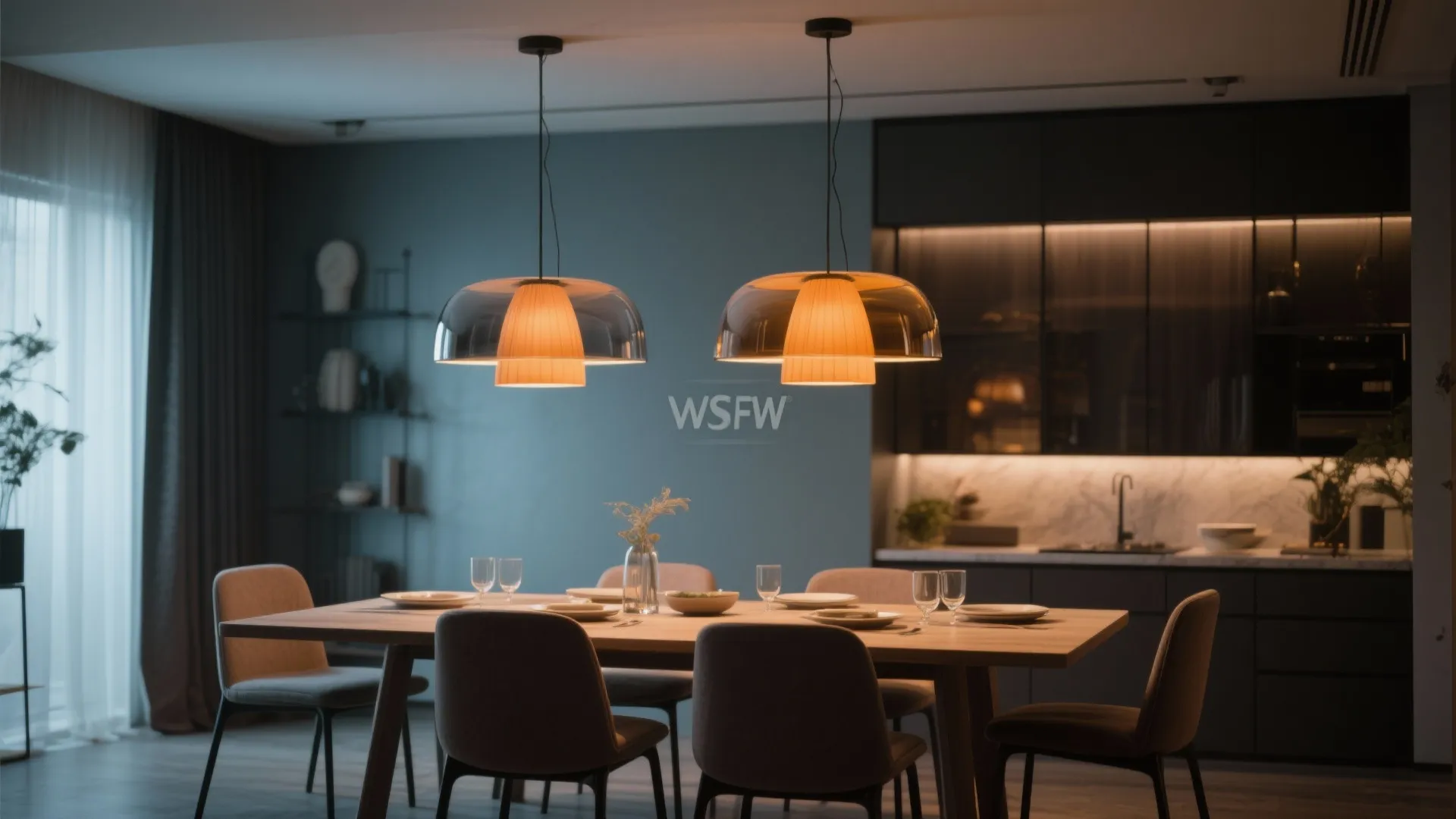 Dining room with amber and smoke glass pendant lighting