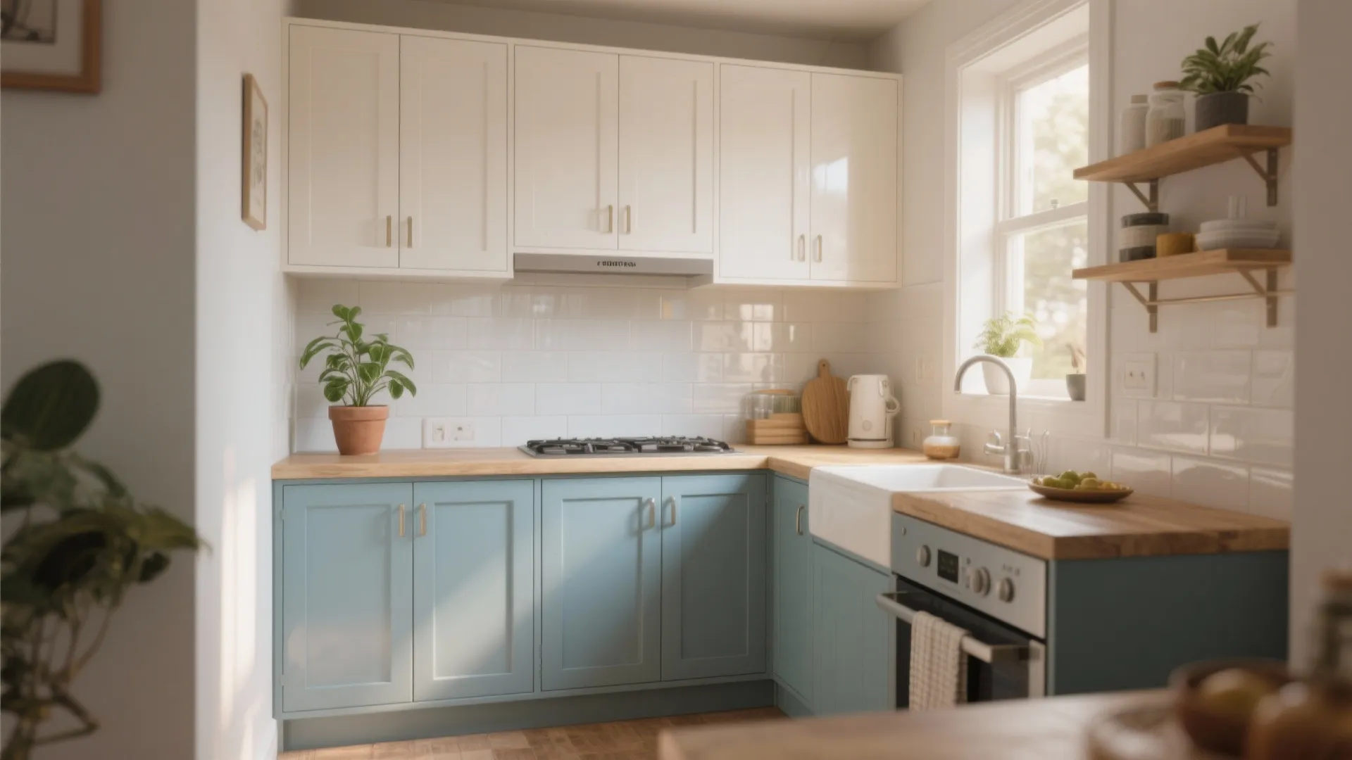 Small kitchen with warm white uppers and muted blue lowers that visually expands the space