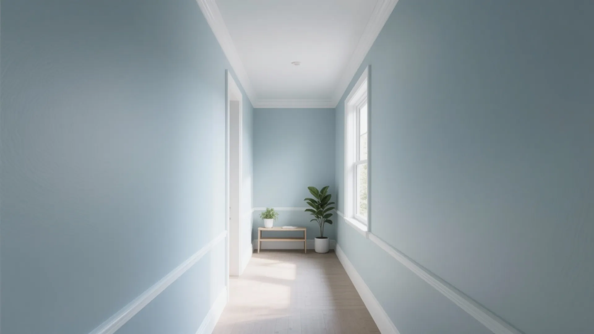 Narrow room with a lighter ceiling than walls and semi-gloss trim creating a taller illusion.