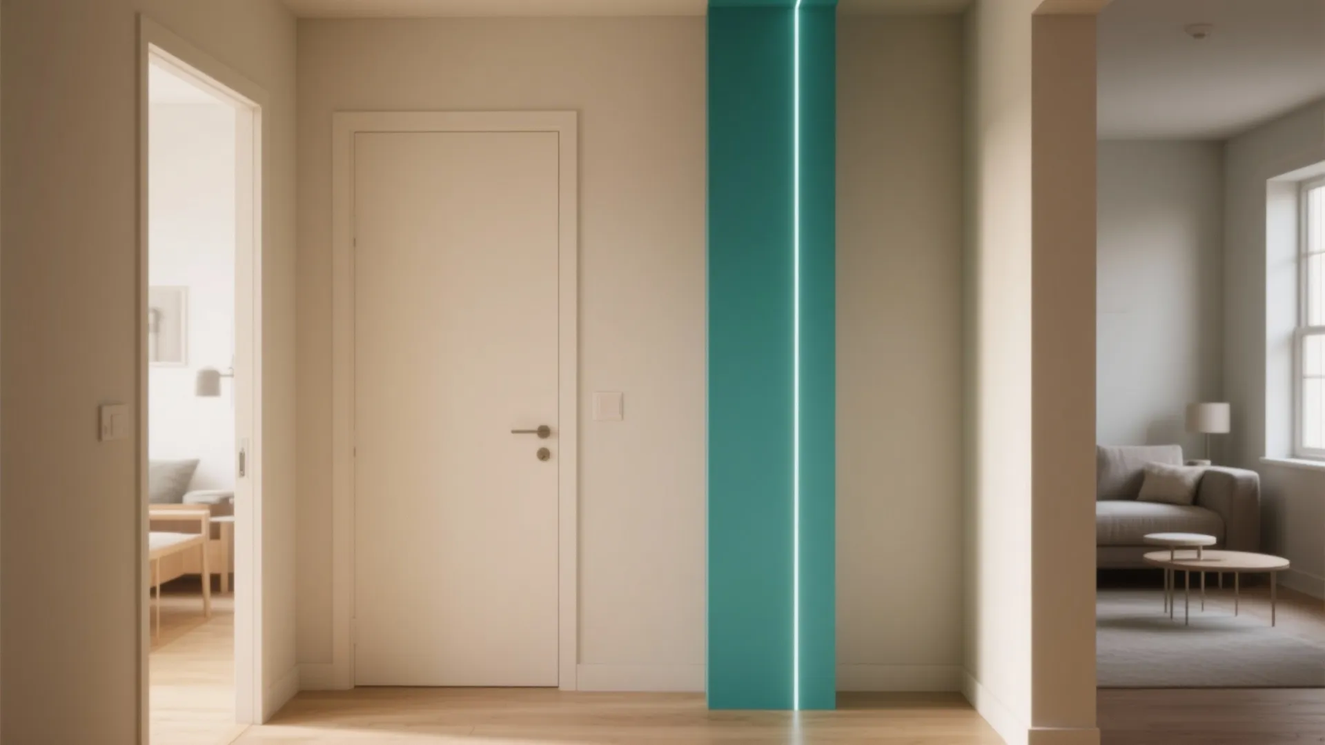 Modern hallway with white door and a bright blue vertical stripe containing a light strip